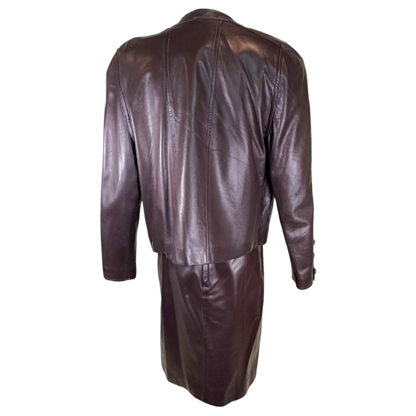Vintage Chanel Late 1980s Brown Leather Jacket & Pencil Skirt Set with Gold CC Buttons – Jacket 38 / Skirt 40