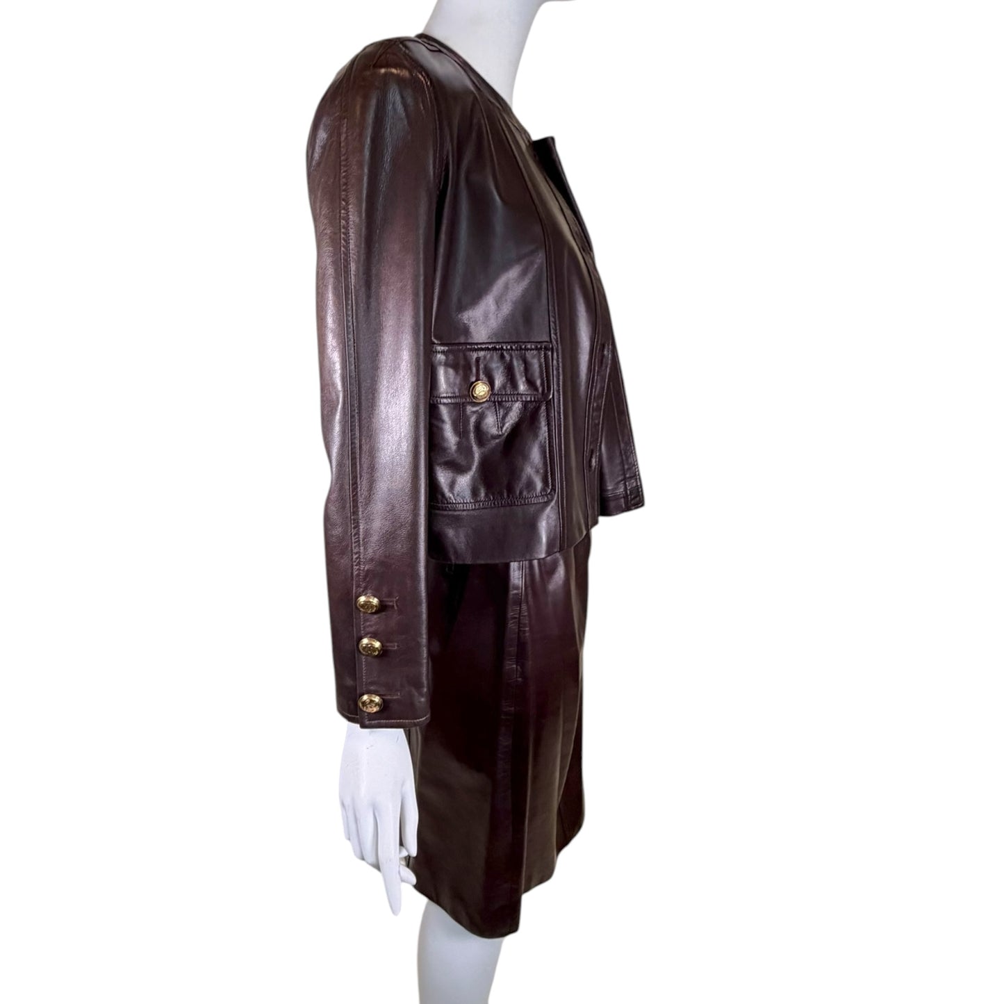 Vintage Chanel Late 1980s Brown Leather Jacket & Pencil Skirt Set with Gold CC Buttons – Jacket 38 / Skirt 40