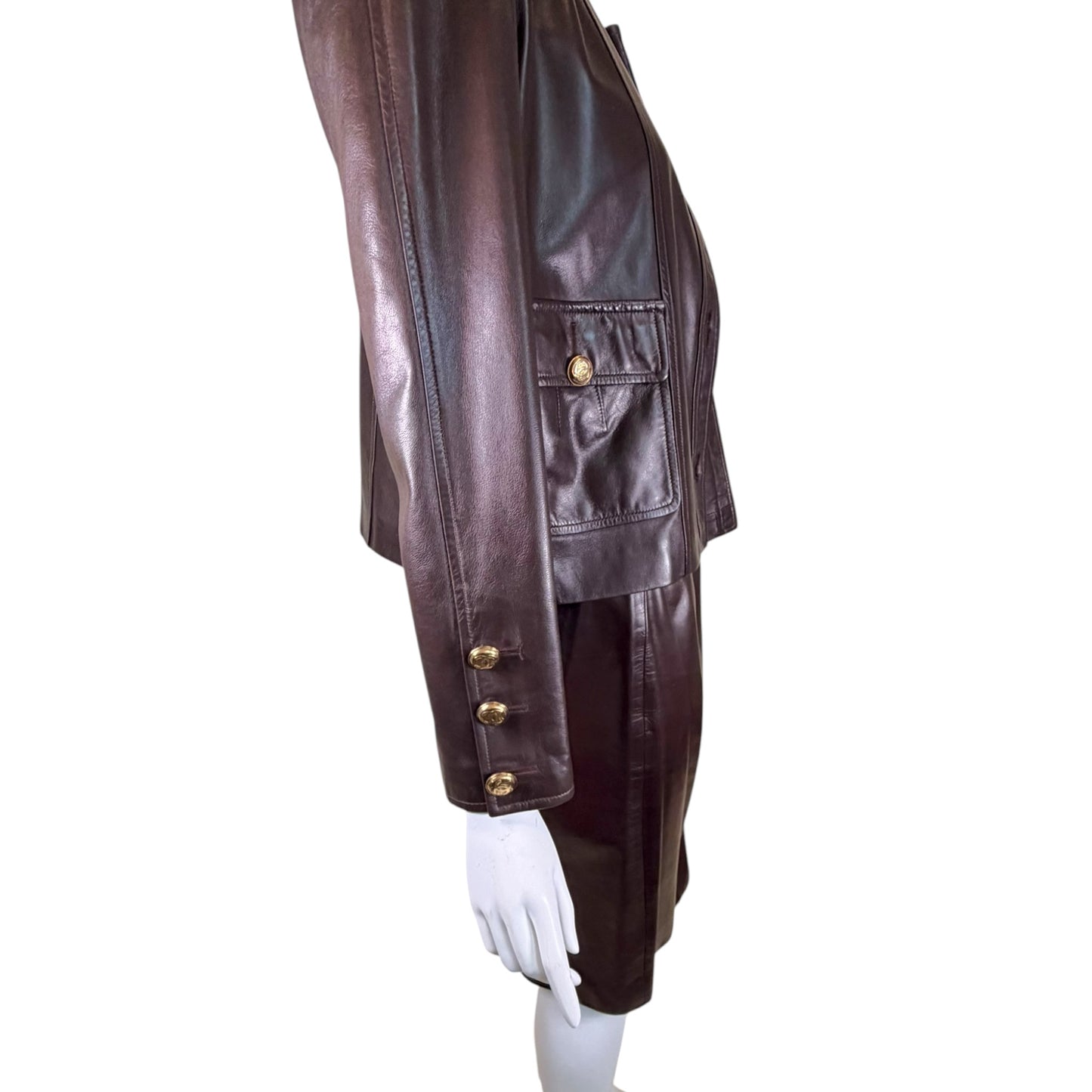 Vintage Chanel Late 1980s Brown Leather Jacket & Pencil Skirt Set with Gold CC Buttons – Jacket 38 / Skirt 40