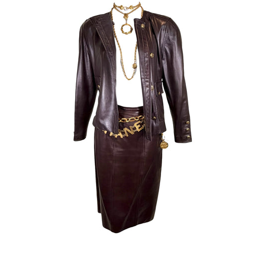 Vintage Chanel Late 1980s Brown Leather Jacket & Pencil Skirt Set with Gold CC Buttons – Jacket 38 / Skirt 40