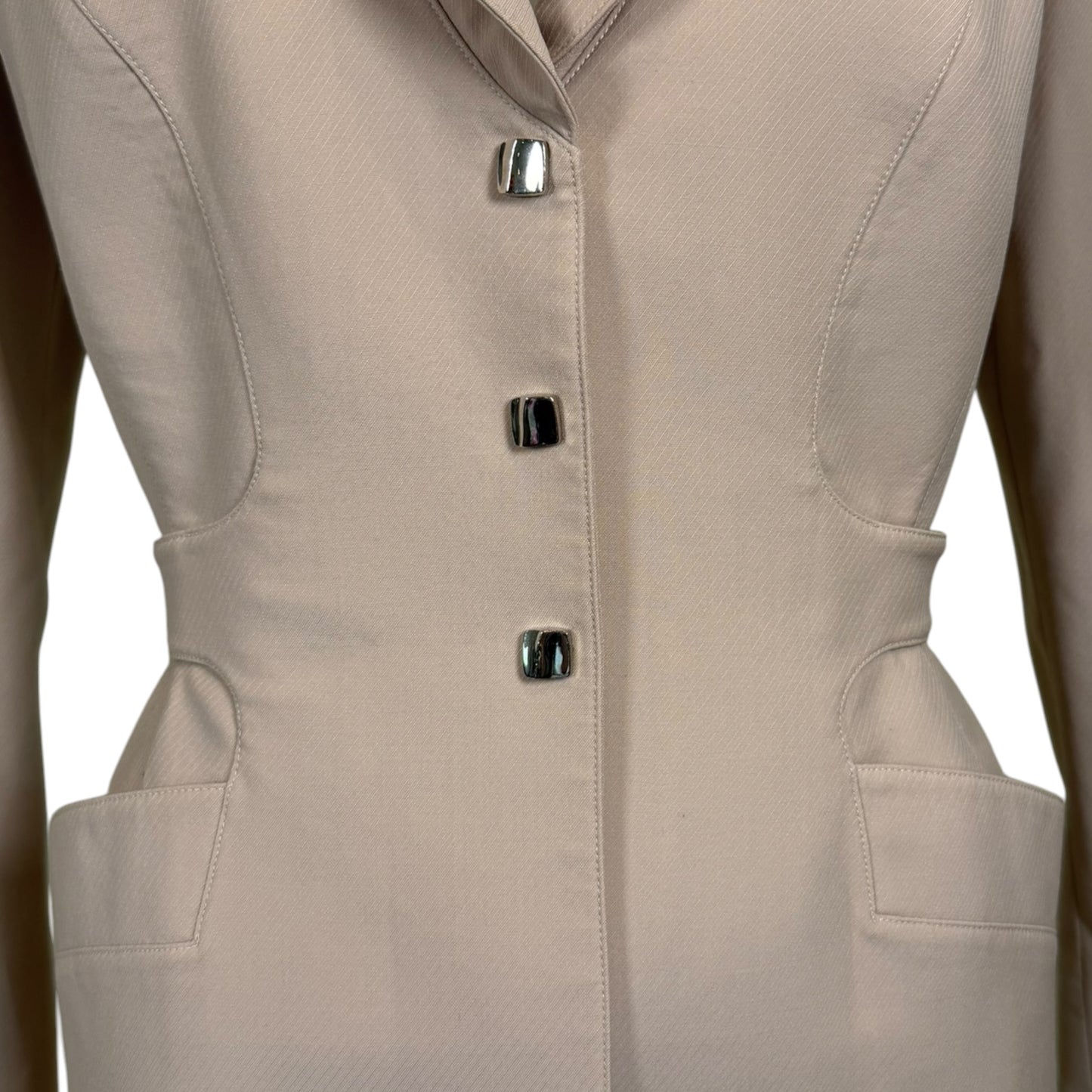 Vintage Thierry Mugler Late 1990s Taupe Wool Sculpted Blazer with Silver Buttons - Size 40
