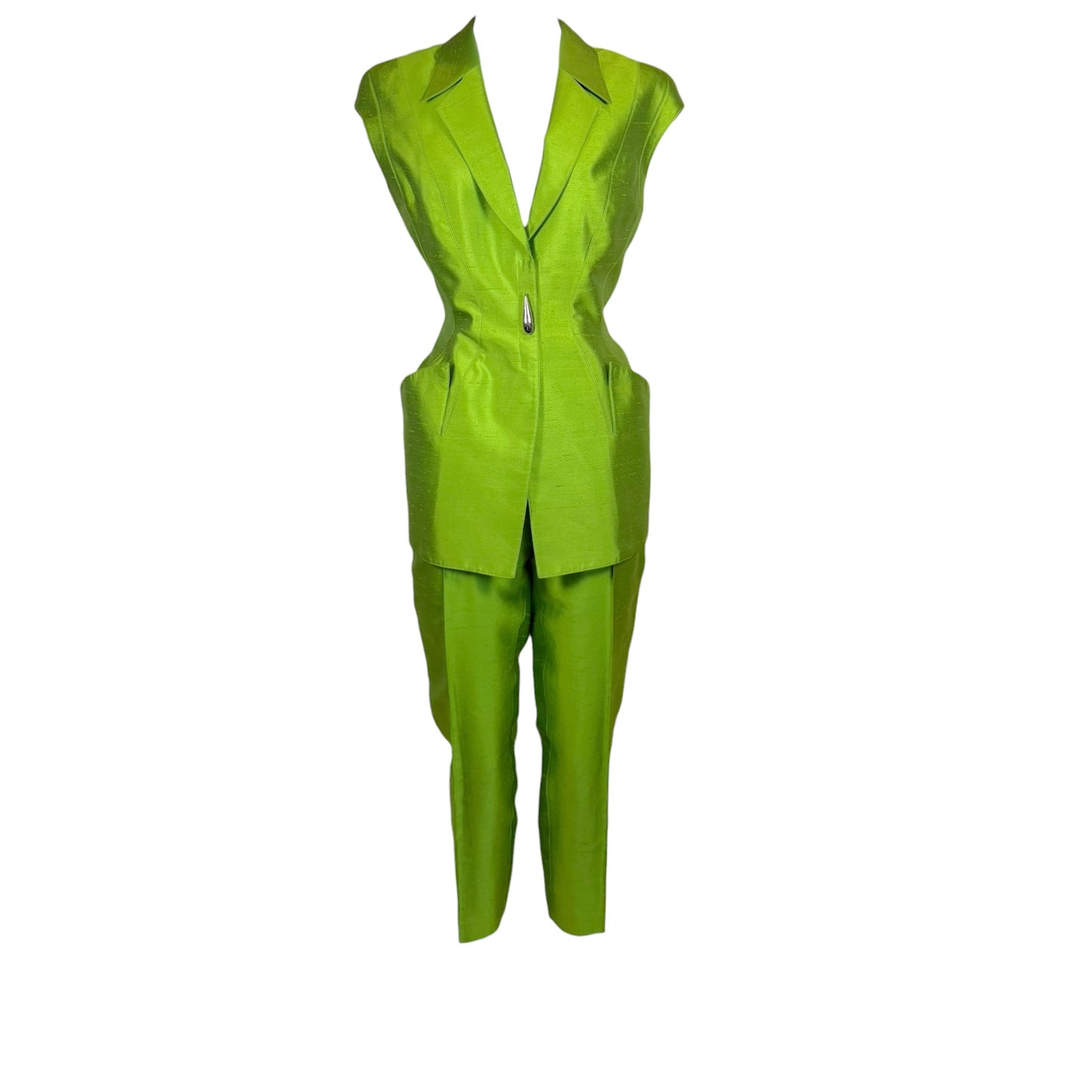 Vintage Thierry Mugler 1990s Lime Green Silk Architectural Vest & Pant Set - Size 44
