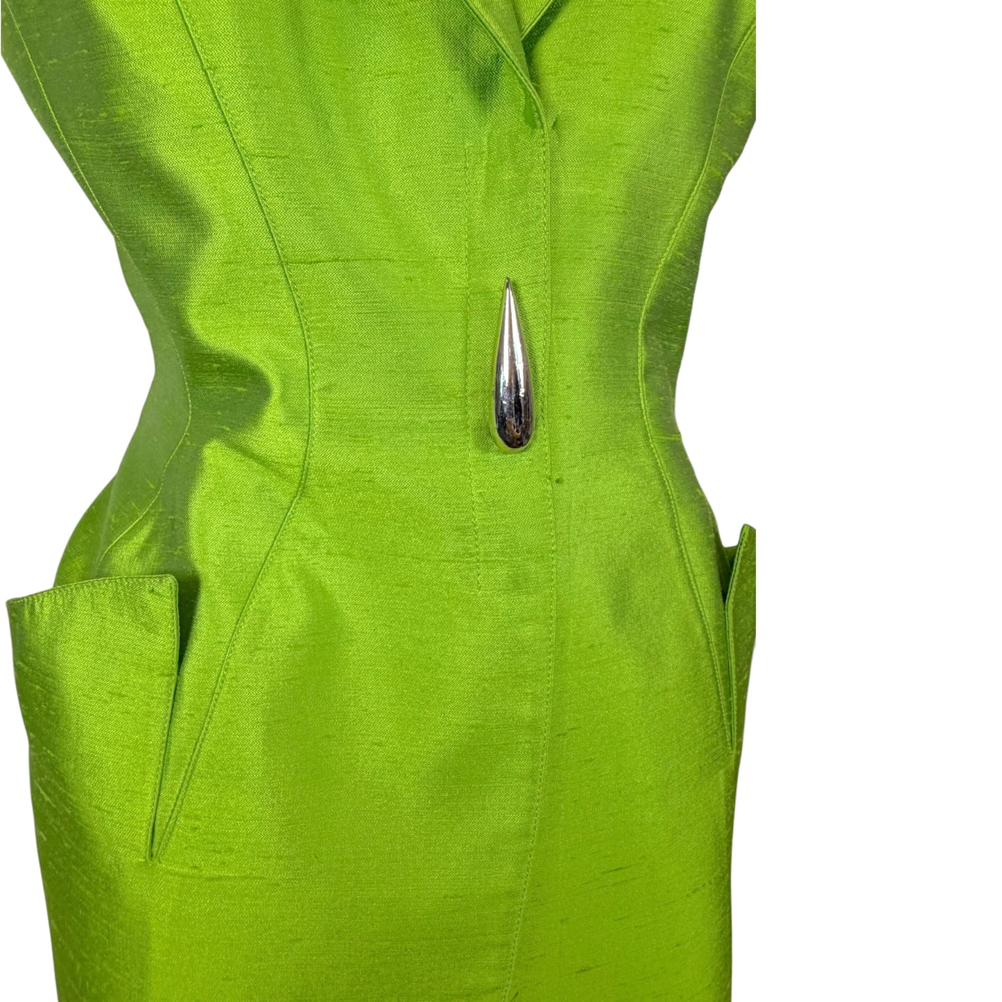 Vintage Thierry Mugler 1990s Lime Green Silk Architectural Vest & Pant Set - Size 44