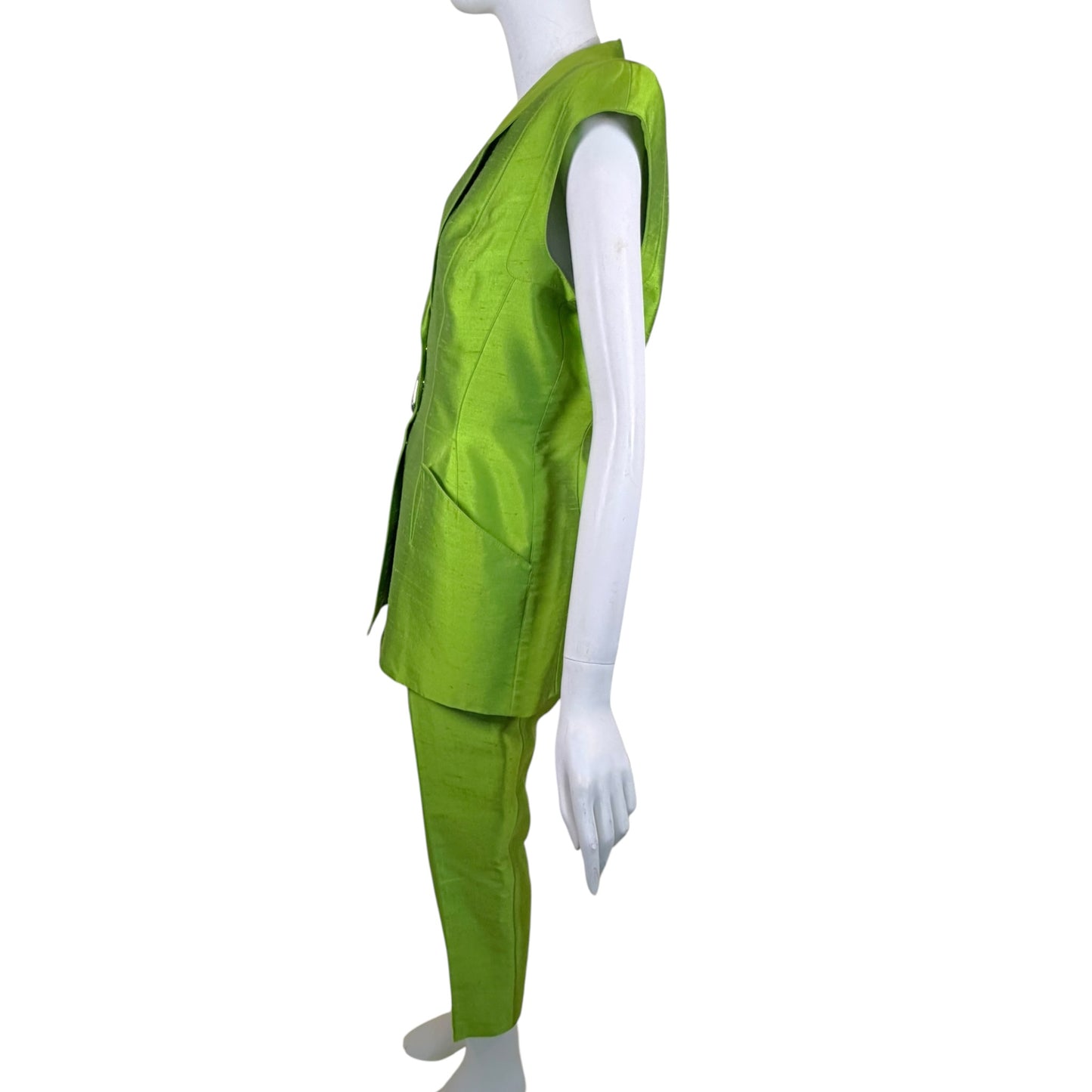 Vintage Thierry Mugler 1990s Lime Green Silk Architectural Vest & Pant Set - Size 44
