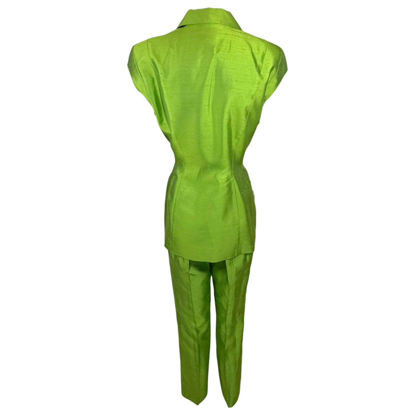 Vintage Thierry Mugler 1990s Lime Green Silk Architectural Vest & Pant Set - Size 44