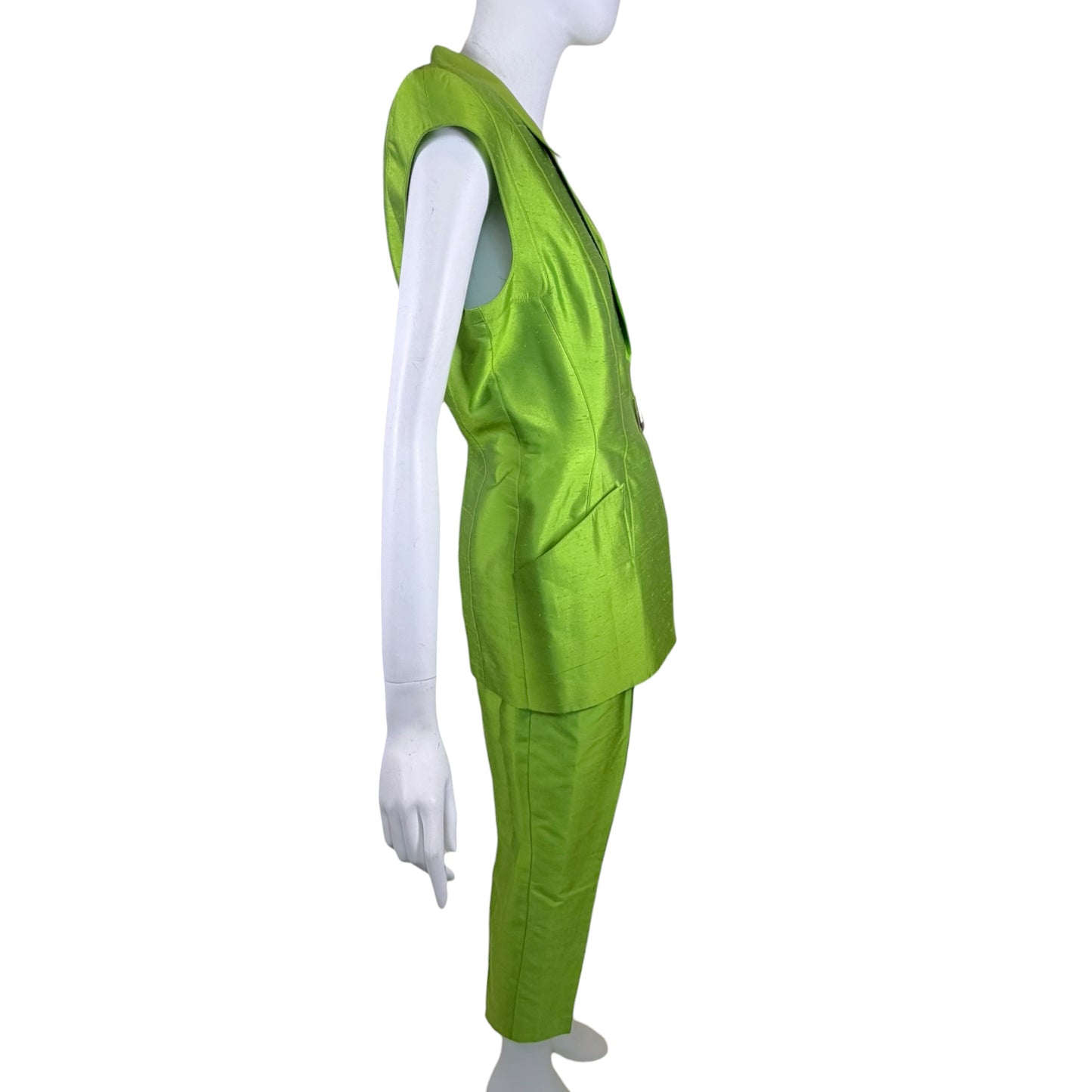 Vintage Thierry Mugler 1990s Lime Green Silk Architectural Vest & Pant Set - Size 44