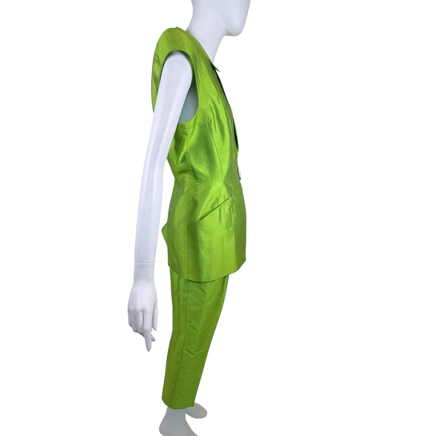 Vintage Thierry Mugler 1990s Lime Green Silk Architectural Vest & Pant Set - Size 44