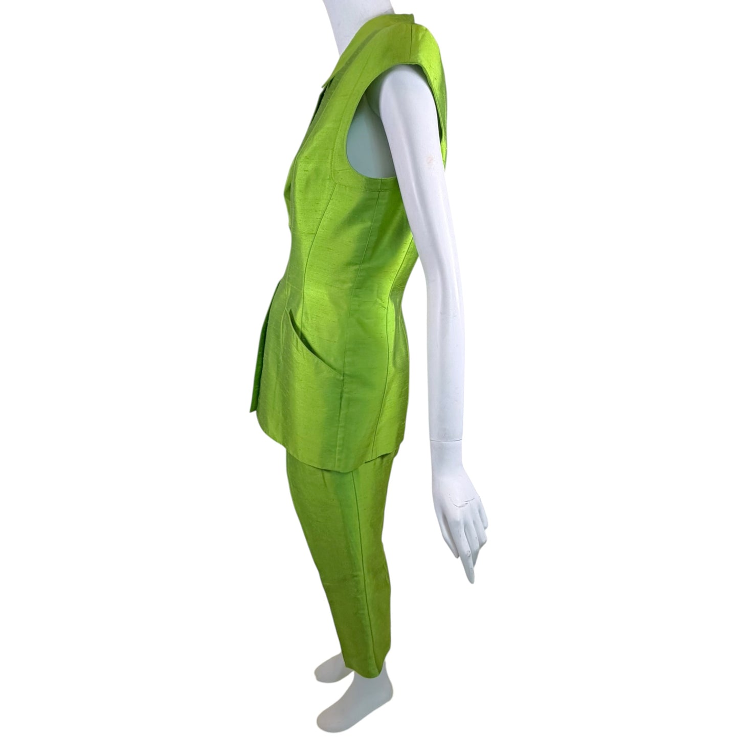 Vintage Thierry Mugler 1990s Lime Green Silk Architectural Vest & Pant Set - Size 44