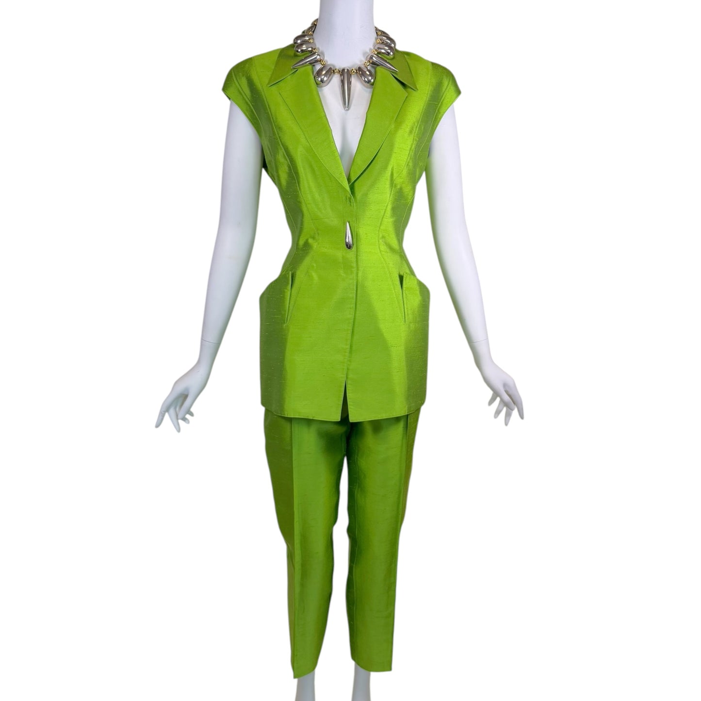 Vintage Thierry Mugler 1990s Lime Green Silk Architectural Vest & Pant Set - Size 44