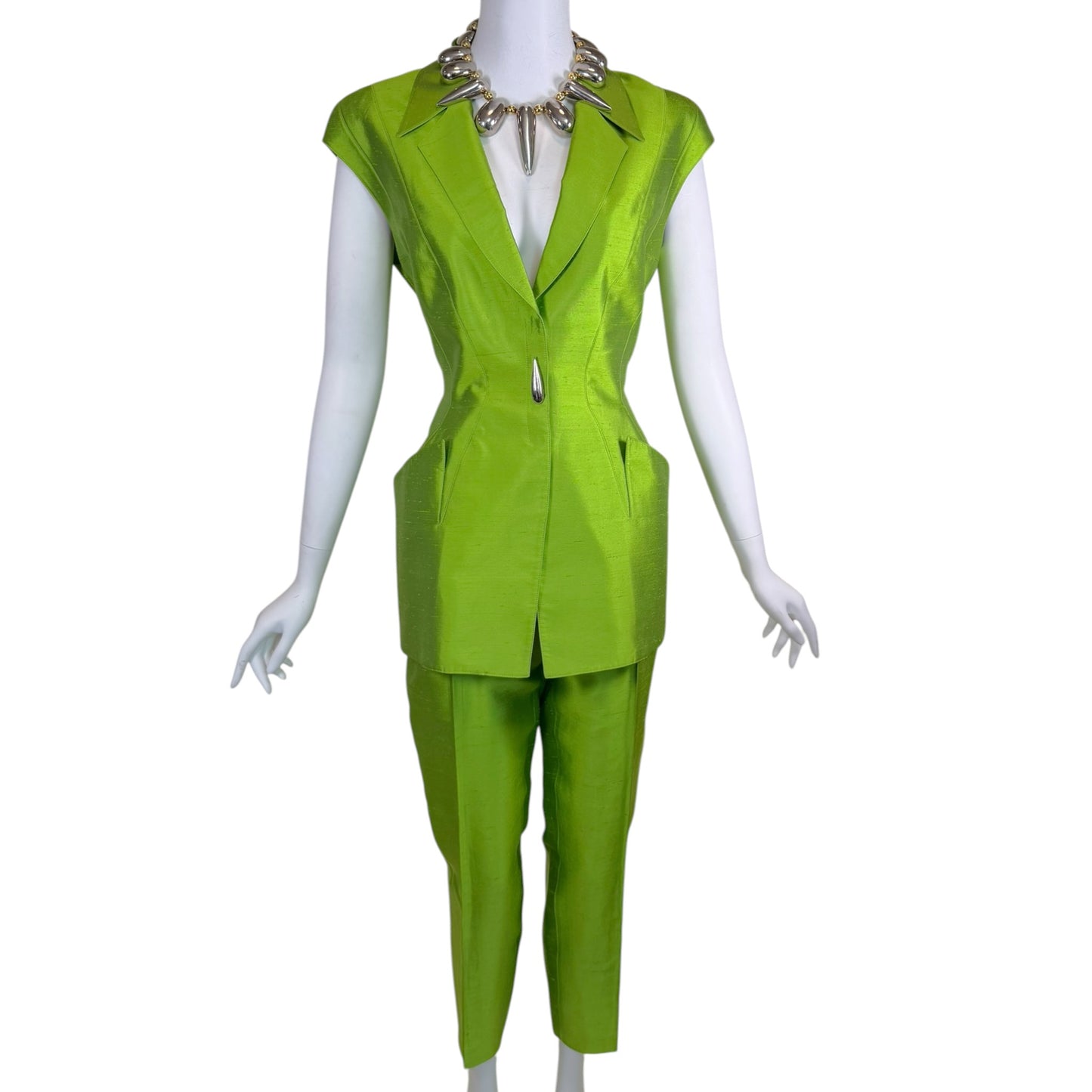 Vintage Thierry Mugler 1990s Lime Green Silk Architectural Vest & Pant Set - Size 44