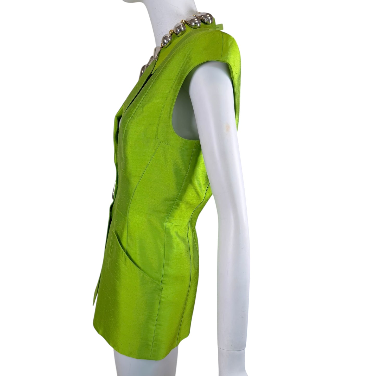 Vintage Thierry Mugler 1990s Lime Green Silk Architectural Vest & Pant Set - Size 44