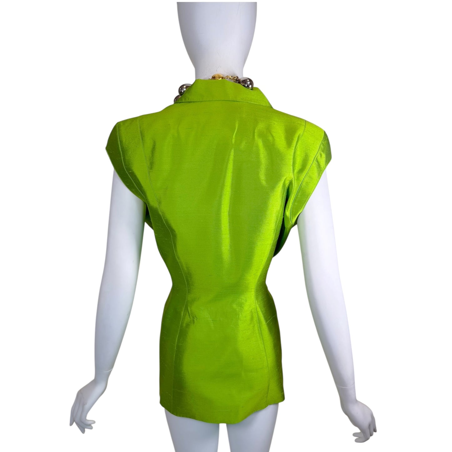 Vintage Thierry Mugler 1990s Lime Green Silk Architectural Vest & Pant Set - Size 44