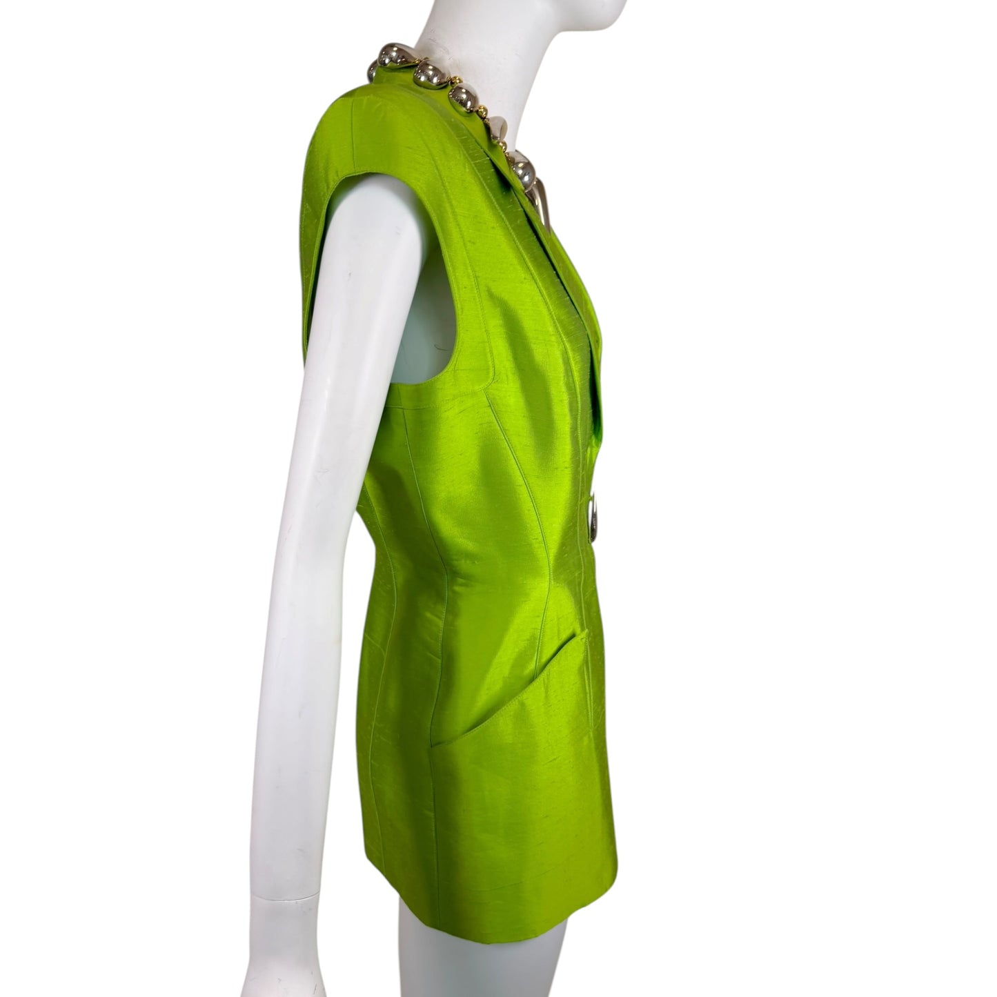 Vintage Thierry Mugler 1990s Lime Green Silk Architectural Vest & Pant Set - Size 44
