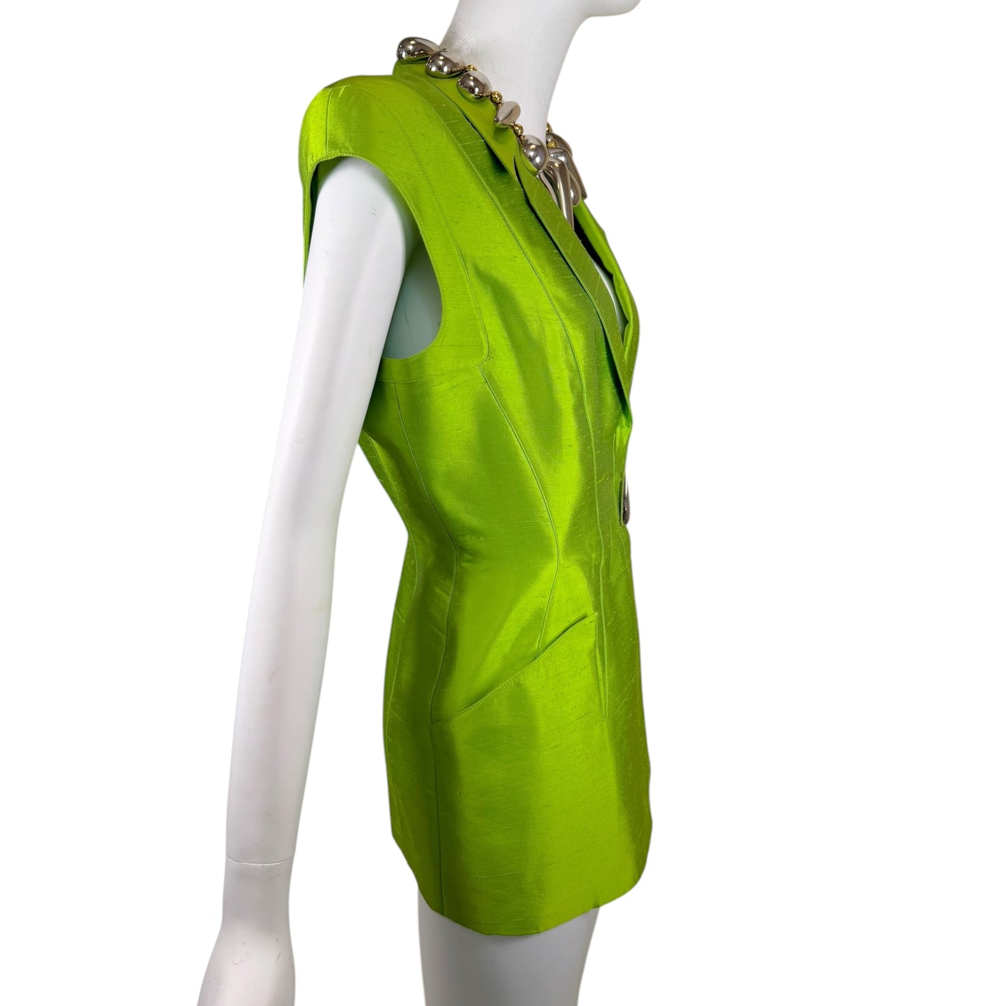 Vintage Thierry Mugler 1990s Lime Green Silk Architectural Vest & Pant Set - Size 44