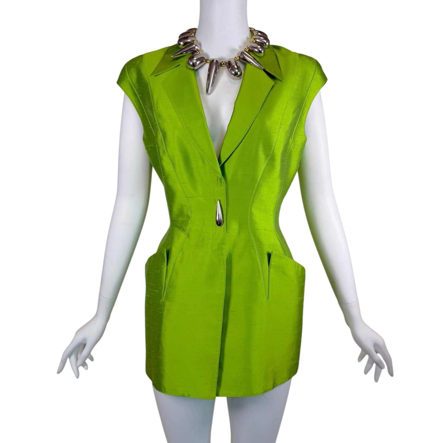 Vintage Thierry Mugler 1990s Lime Green Silk Architectural Vest & Pant Set - Size 44