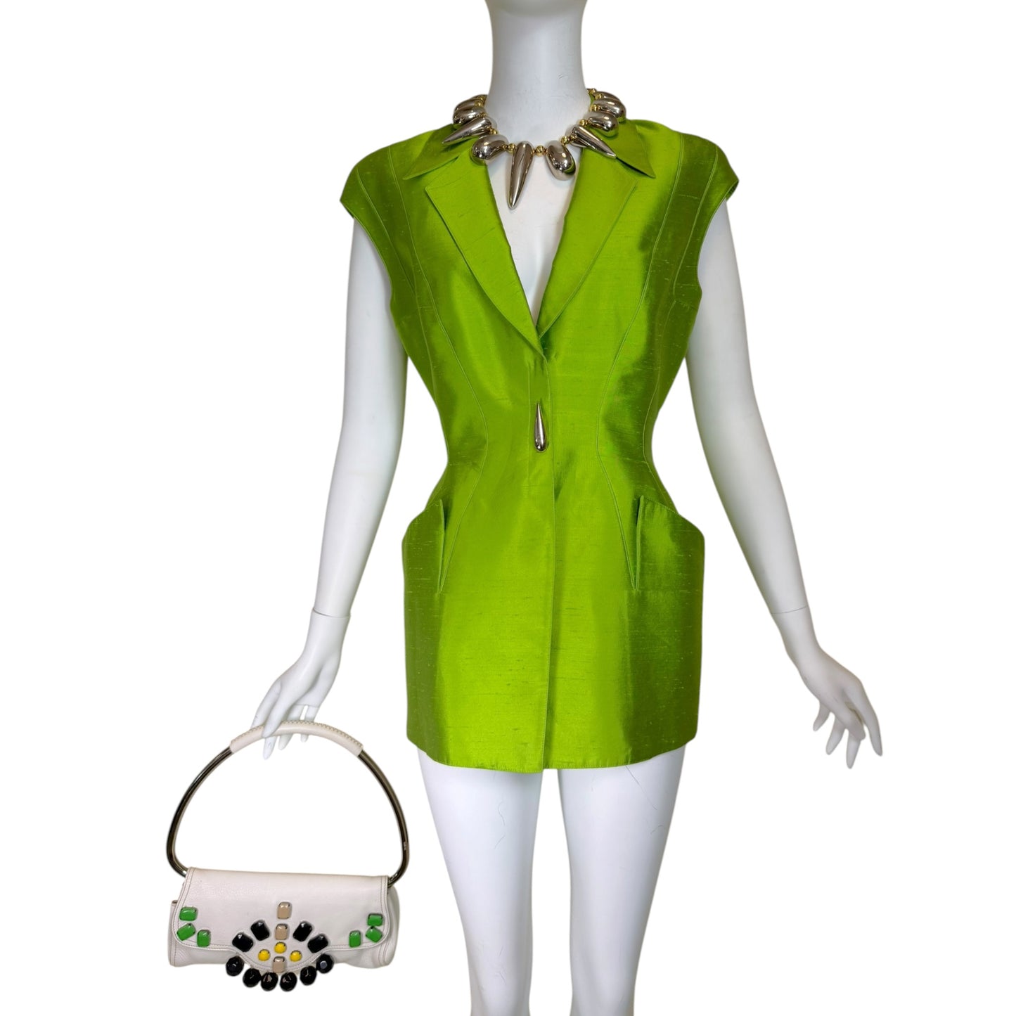 Vintage Thierry Mugler 1990s Lime Green Silk Architectural Vest & Pant Set - Size 44