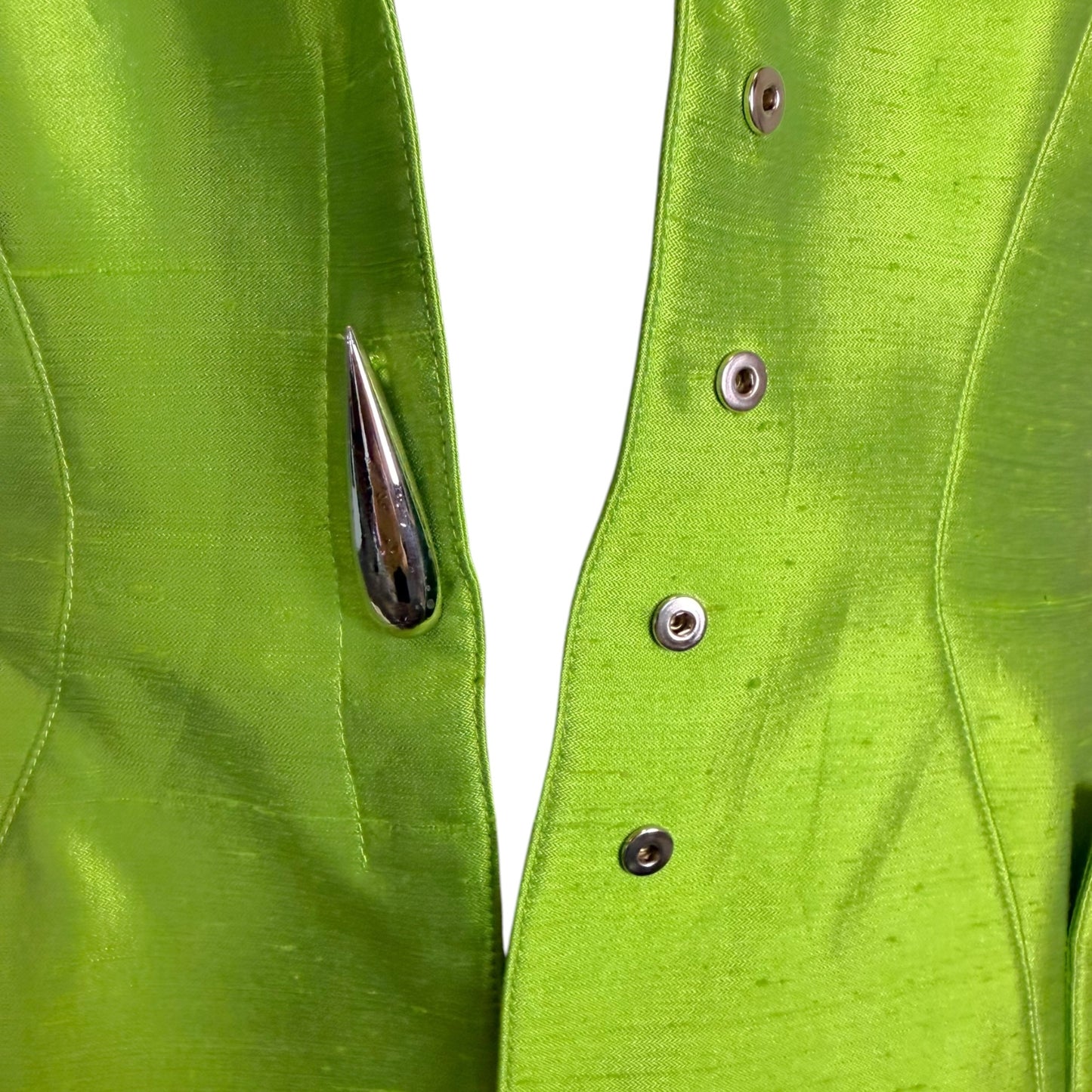 Vintage Thierry Mugler 1990s Lime Green Silk Architectural Vest & Pant Set - Size 44