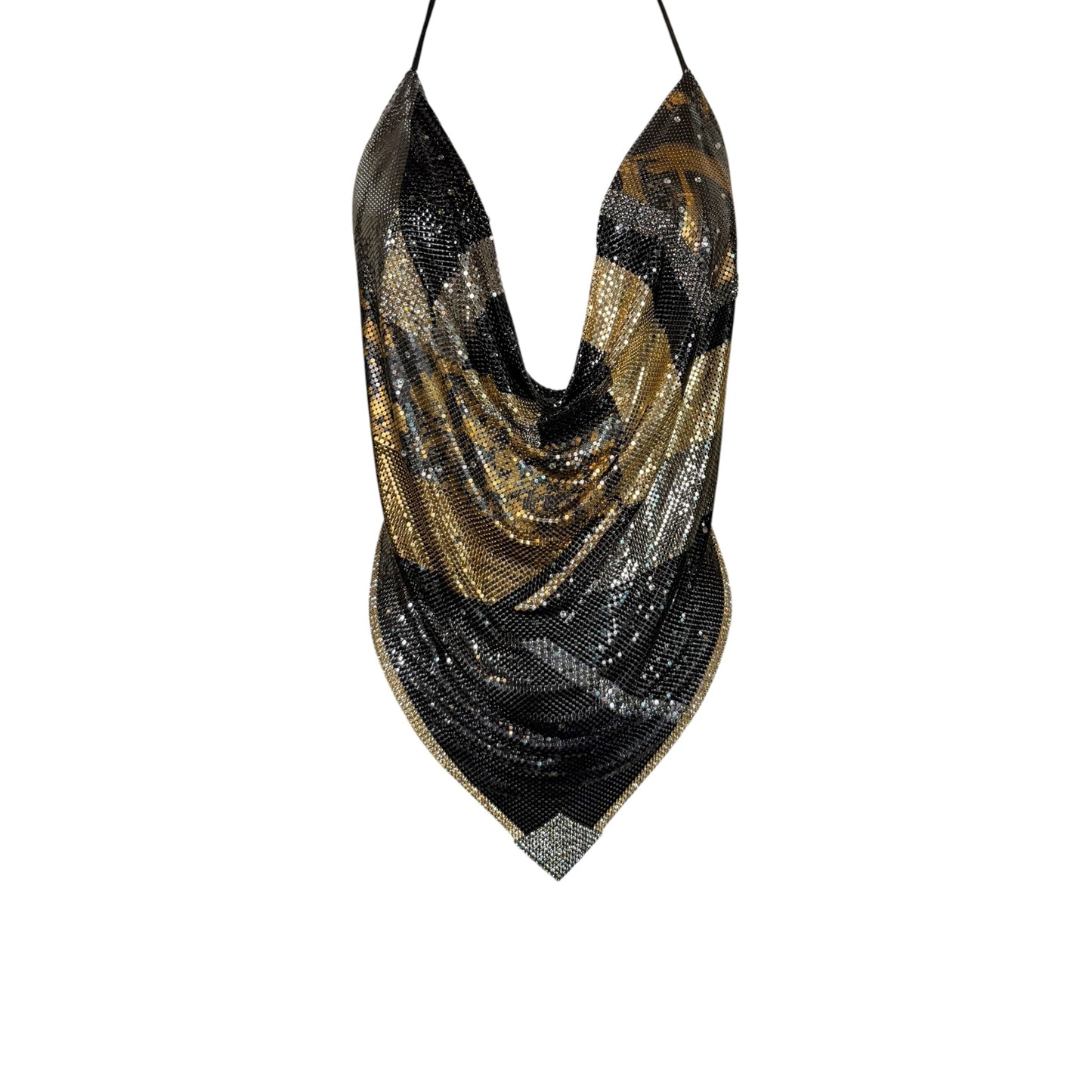 Vintage Ferrara for Whiting & Davis Metallic Mesh Sequin Halter Cowl Top in Black, Gold & Silver – Size S