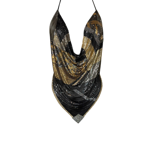 Vintage Ferrara for Whiting & Davis Metallic Mesh Sequin Halter Cowl Top in Black, Gold & Silver – Size S