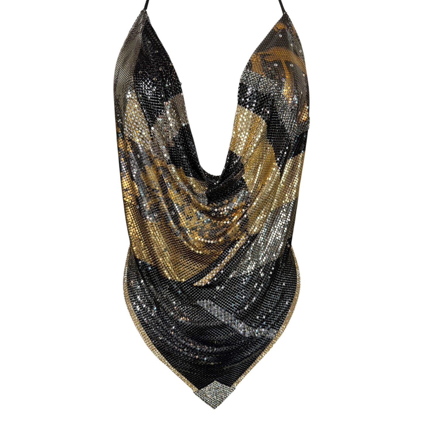 Vintage Ferrara for Whiting & Davis Metallic Mesh Sequin Halter Cowl Top in Black, Gold & Silver – Size S