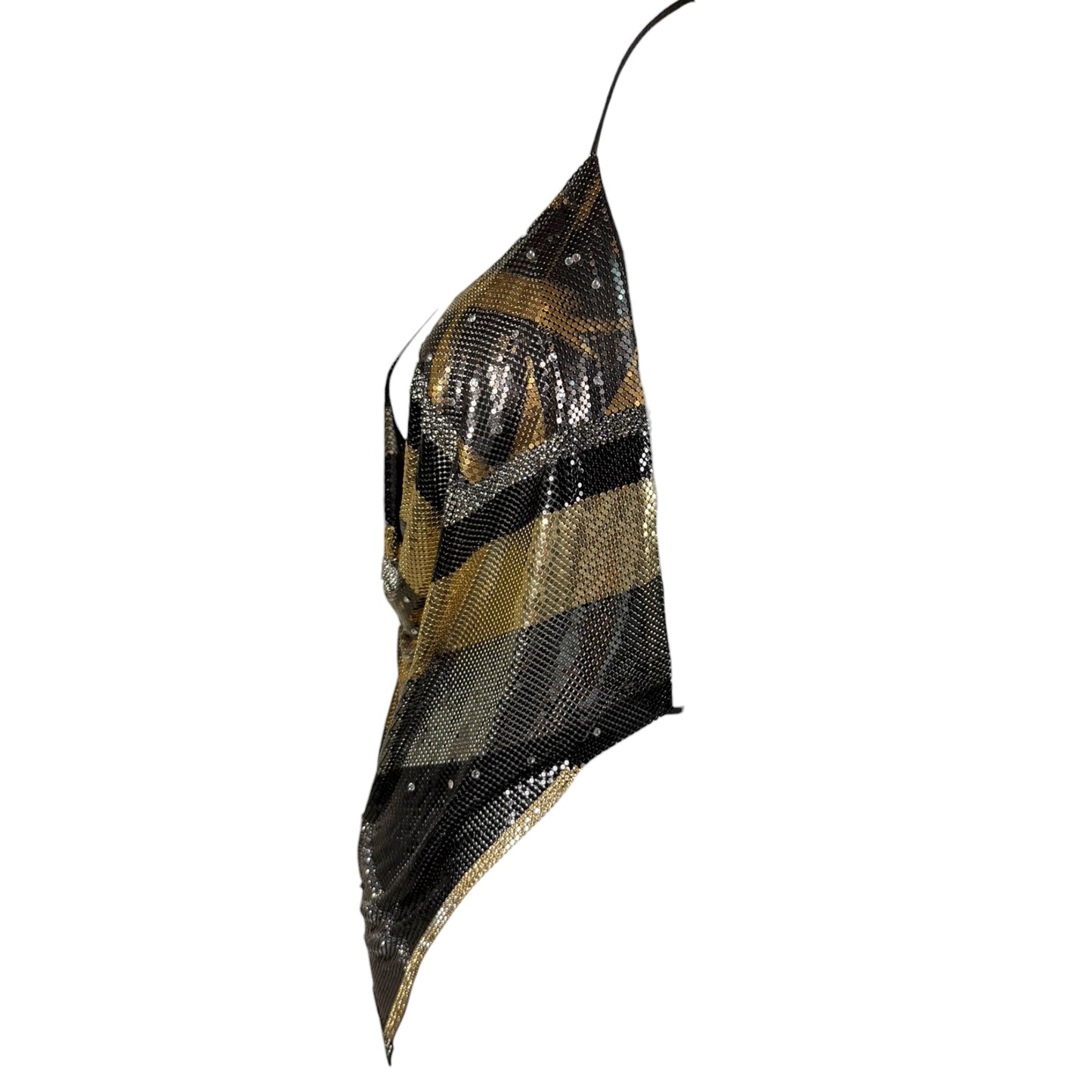 Vintage Ferrara for Whiting & Davis Metallic Mesh Sequin Halter Cowl Top in Black, Gold & Silver – Size S