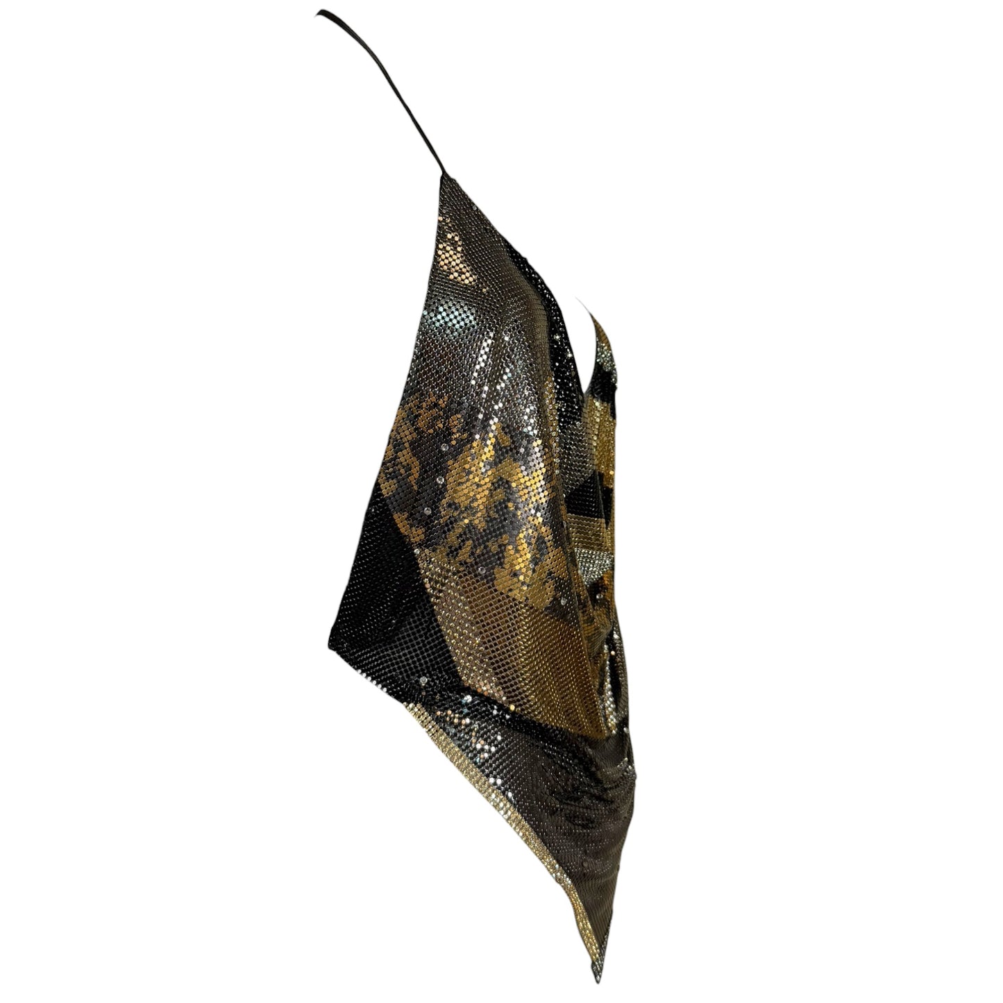 Vintage Ferrara for Whiting & Davis Metallic Mesh Sequin Halter Cowl Top in Black, Gold & Silver – Size S