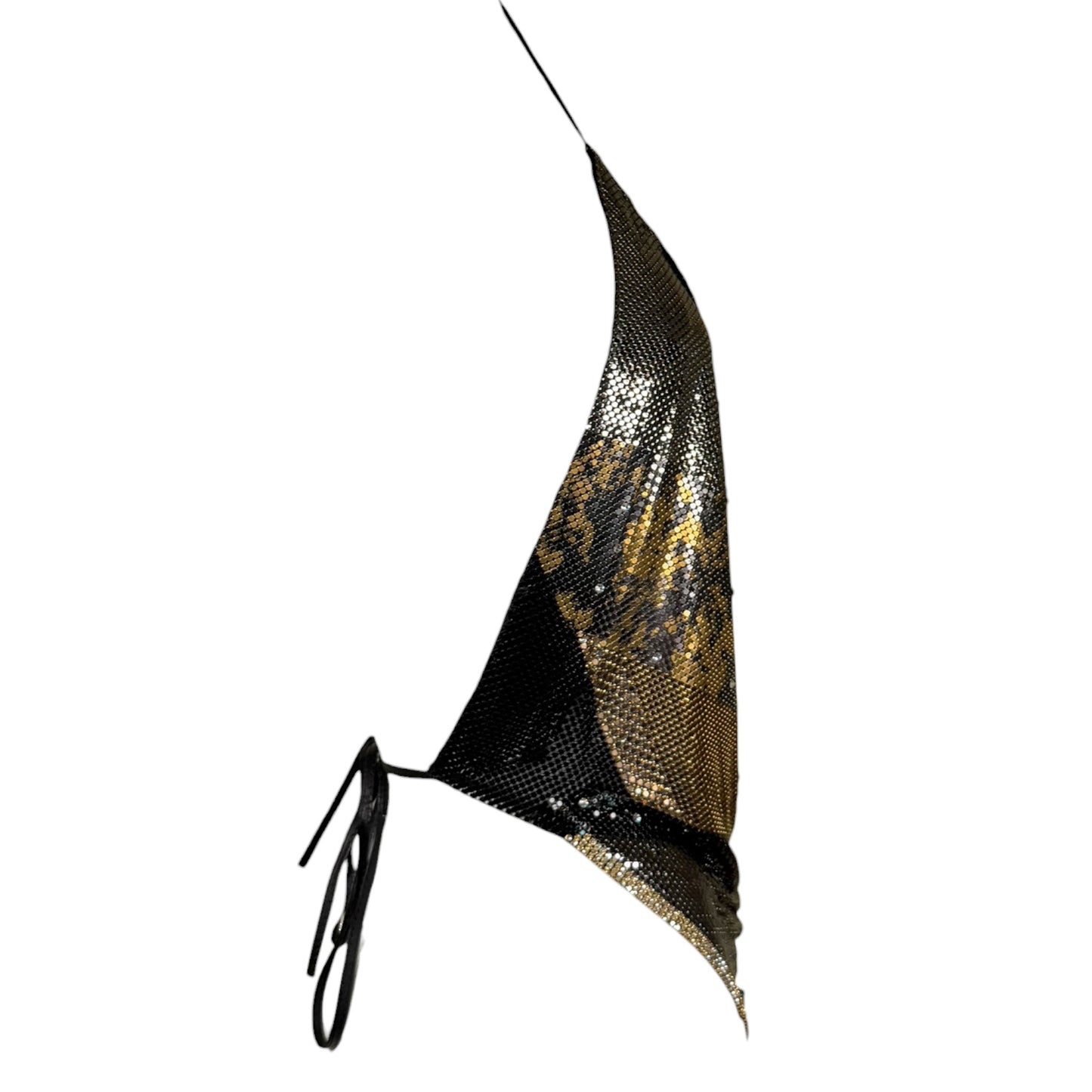 Vintage Ferrara for Whiting & Davis Metallic Mesh Sequin Halter Cowl Top in Black, Gold & Silver – Size S