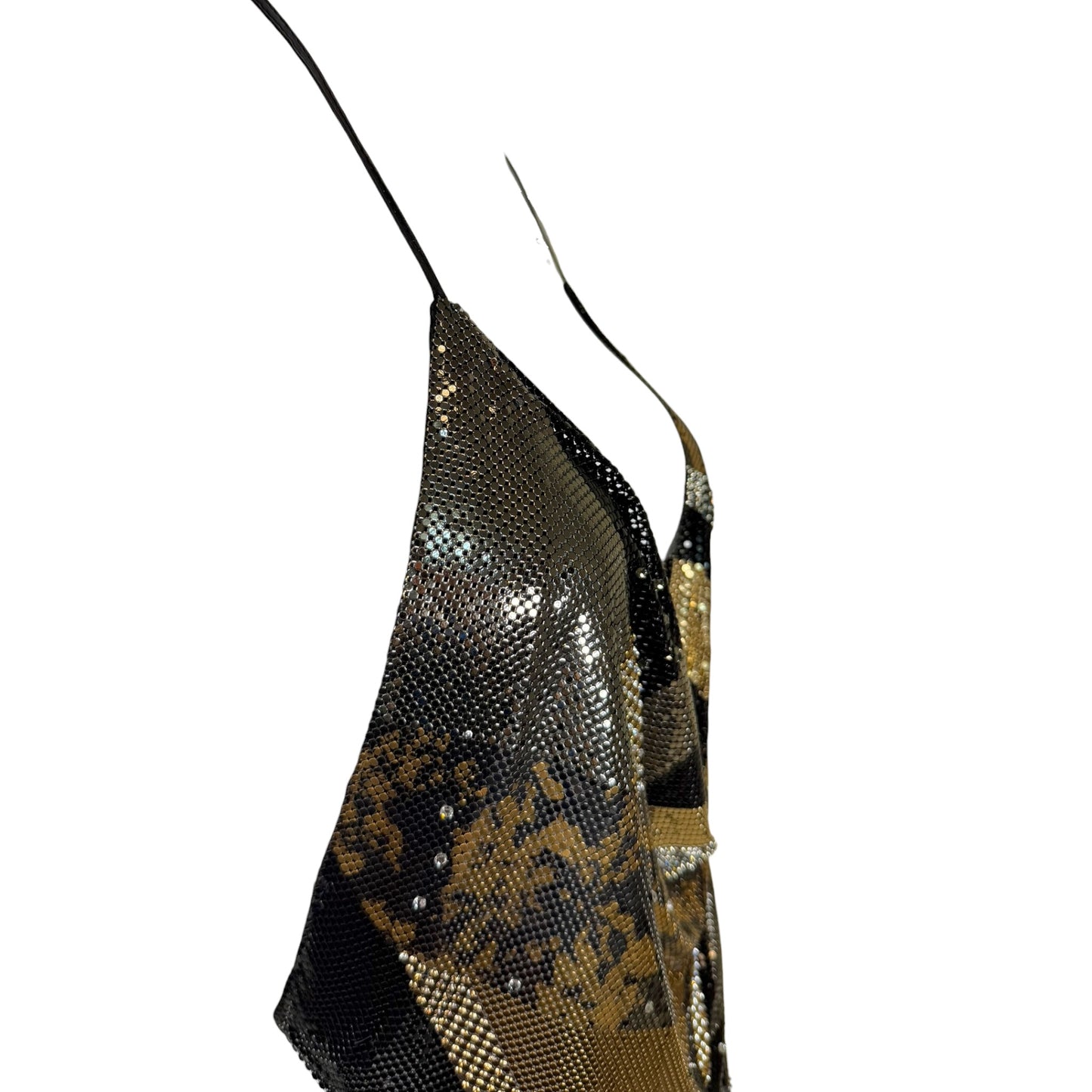 Vintage Ferrara for Whiting & Davis Metallic Mesh Sequin Halter Cowl Top in Black, Gold & Silver – Size S