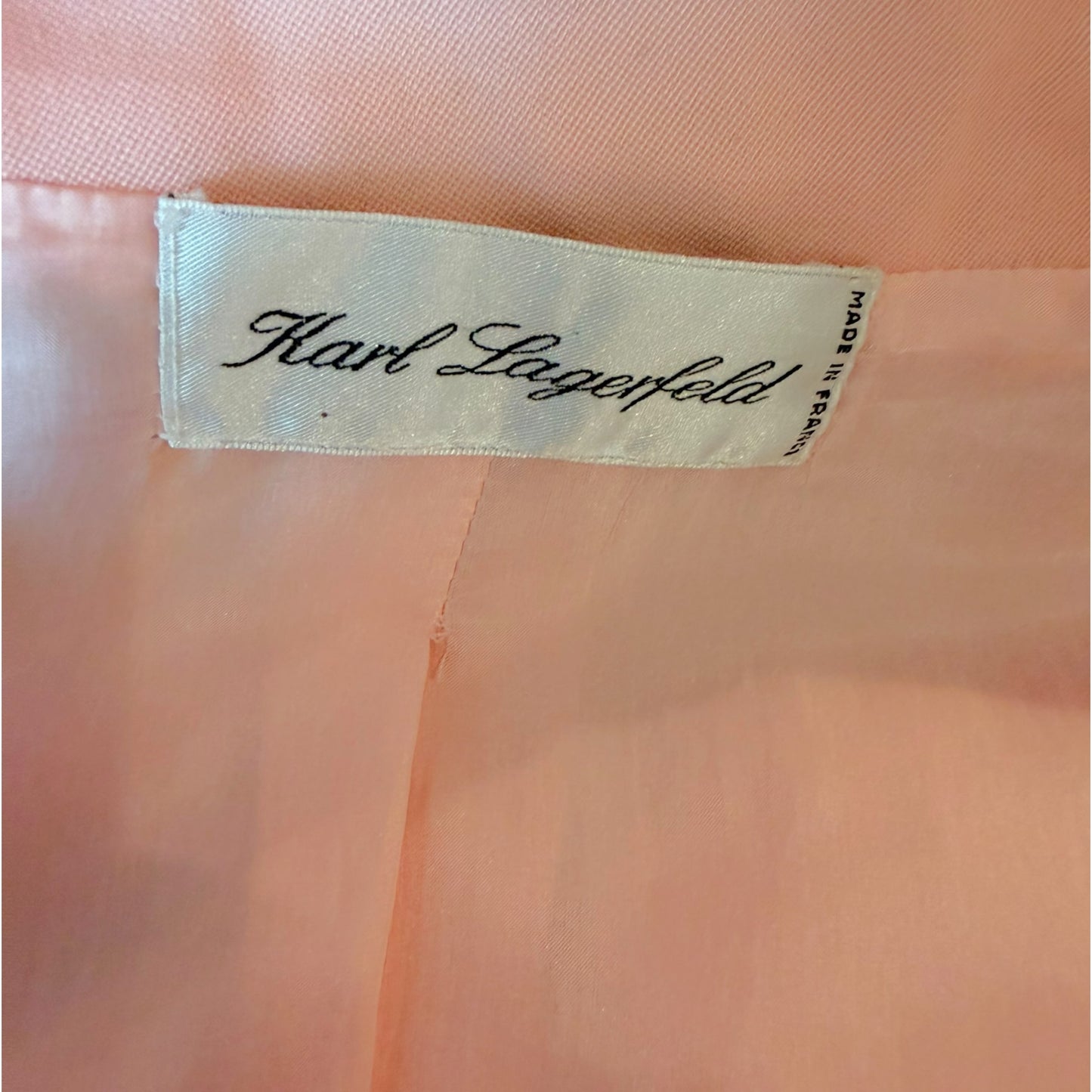 Vintage 1980s Karl Lagerfeld Blush Pink Skirt Suit with Gold Tone Enamel Medallion Buttons - Size 36