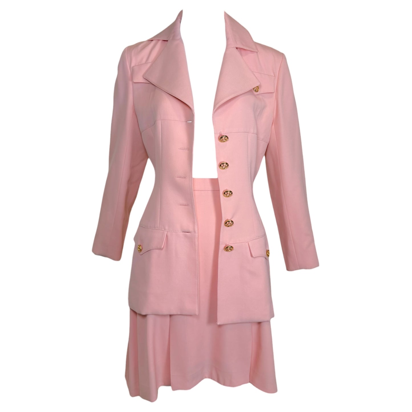 Vintage 1980s Karl Lagerfeld Blush Pink Skirt Suit with Gold Tone Enamel Medallion Buttons - Size 36