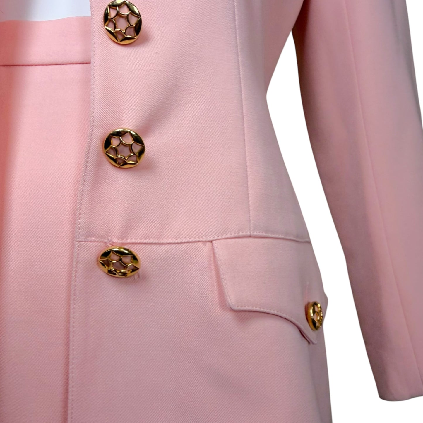 Vintage 1980s Karl Lagerfeld Blush Pink Skirt Suit with Gold Tone Enamel Medallion Buttons - Size 36