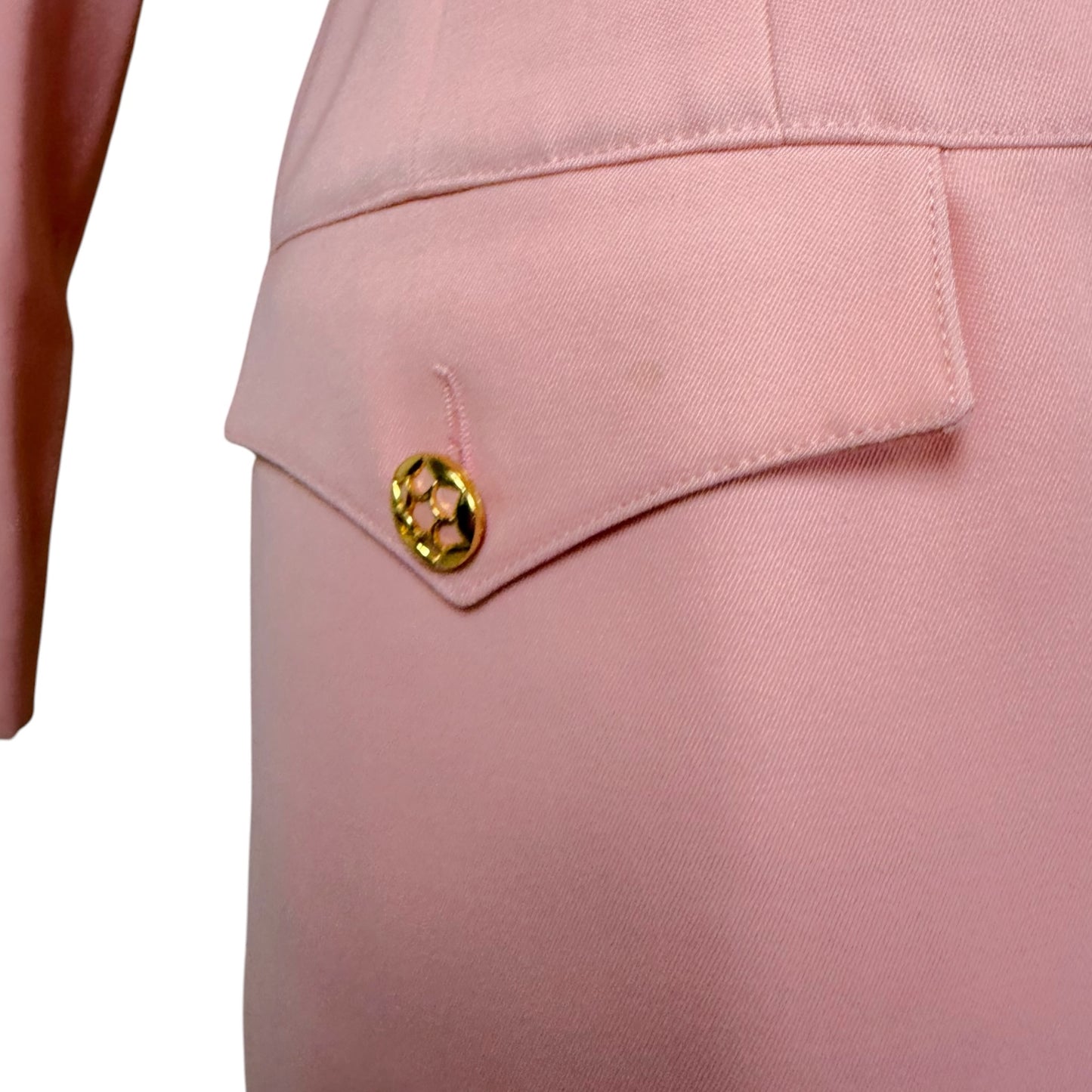 Vintage 1980s Karl Lagerfeld Blush Pink Skirt Suit with Gold Tone Enamel Medallion Buttons - Size 36