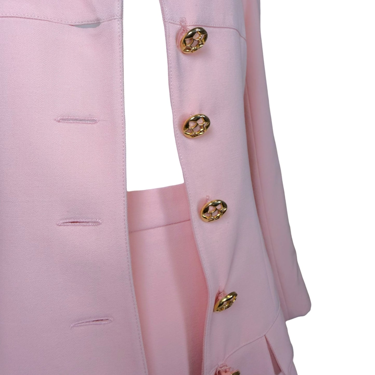 Vintage 1980s Karl Lagerfeld Blush Pink Skirt Suit with Gold Tone Enamel Medallion Buttons - Size 36