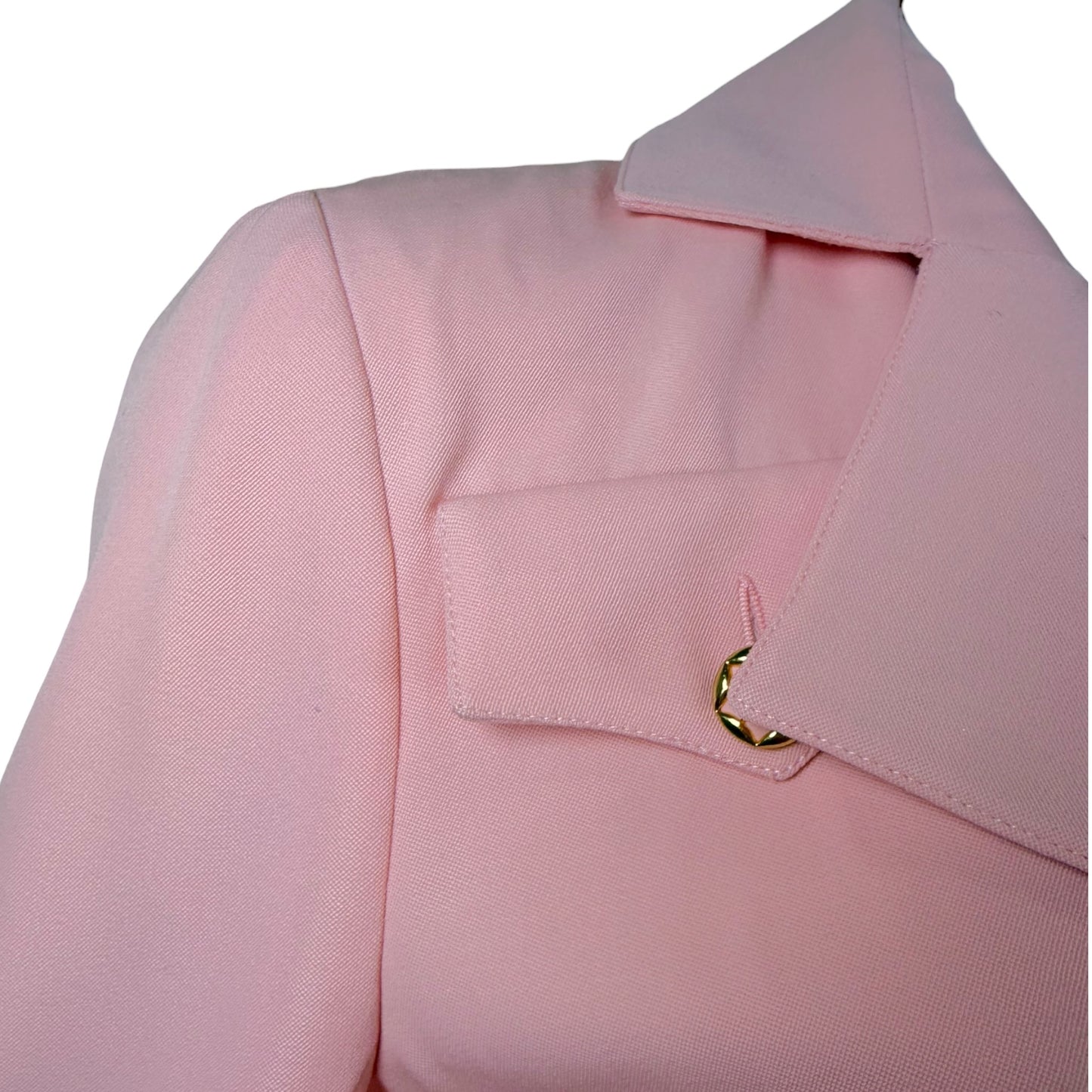 Vintage 1980s Karl Lagerfeld Blush Pink Skirt Suit with Gold Tone Enamel Medallion Buttons - Size 36