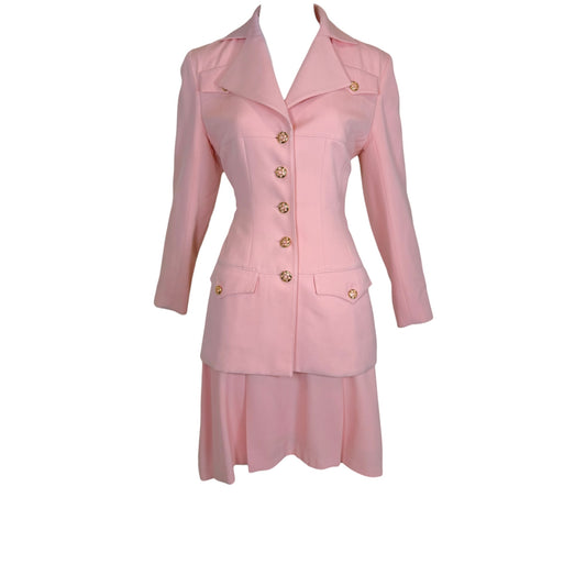 Vintage 1980s Karl Lagerfeld Blush Pink Skirt Suit with Gold Tone Enamel Medallion Buttons - Size 36