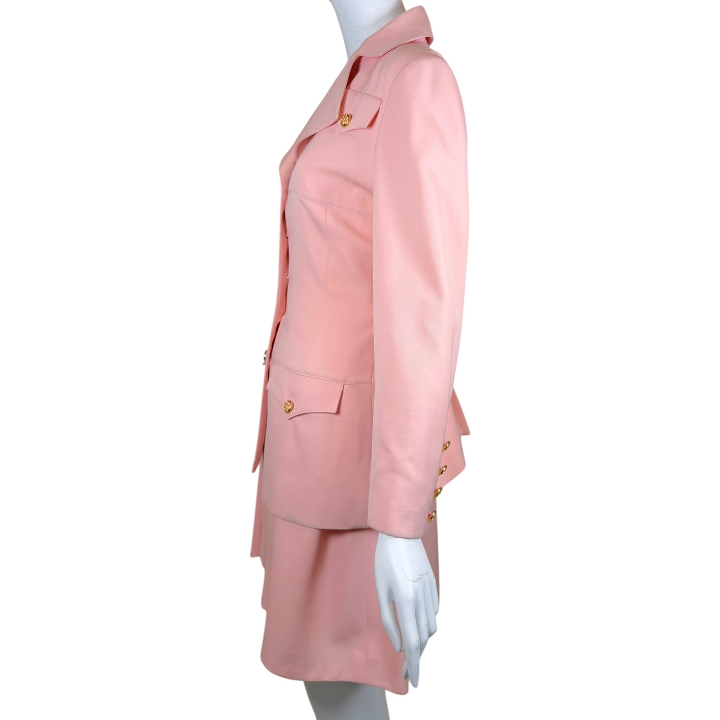Vintage 1980s Karl Lagerfeld Blush Pink Skirt Suit with Gold Tone Enamel Medallion Buttons - Size 36