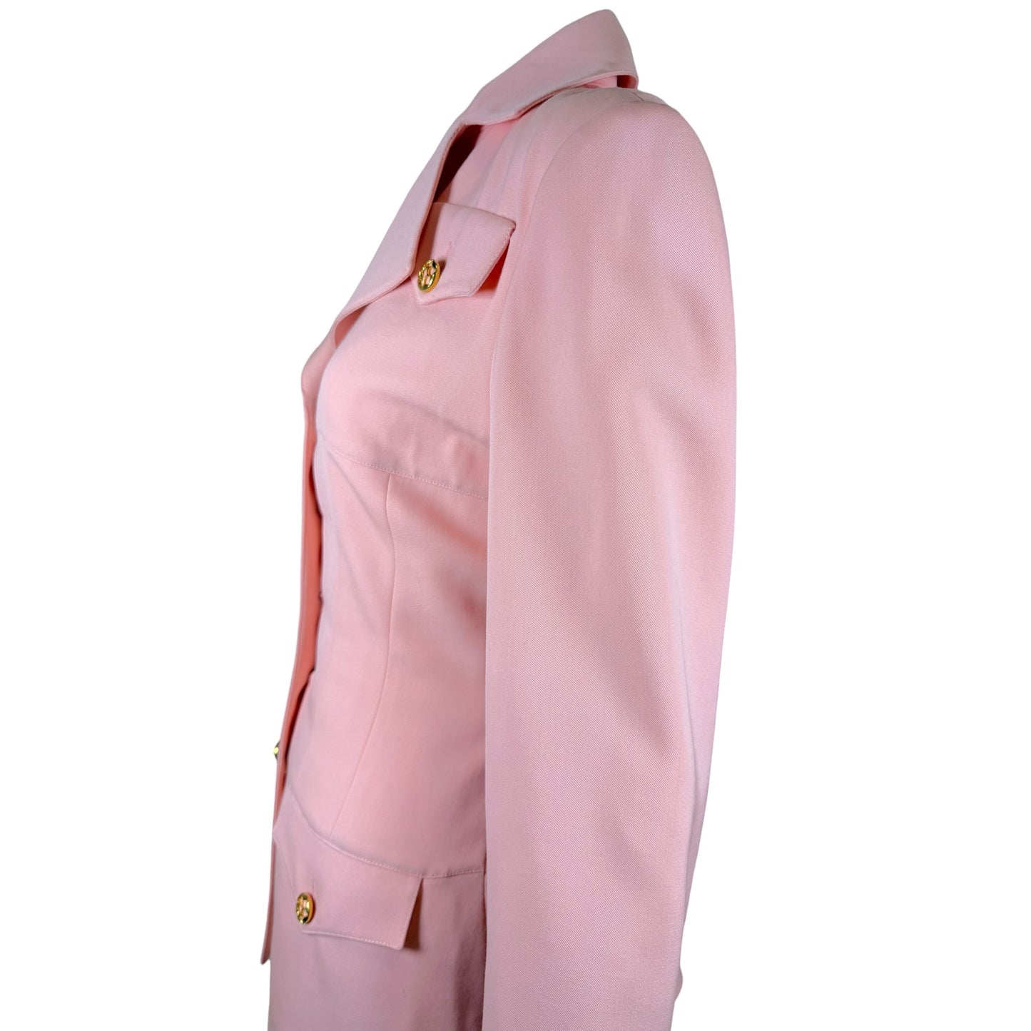 Vintage 1980s Karl Lagerfeld Blush Pink Skirt Suit with Gold Tone Enamel Medallion Buttons - Size 36