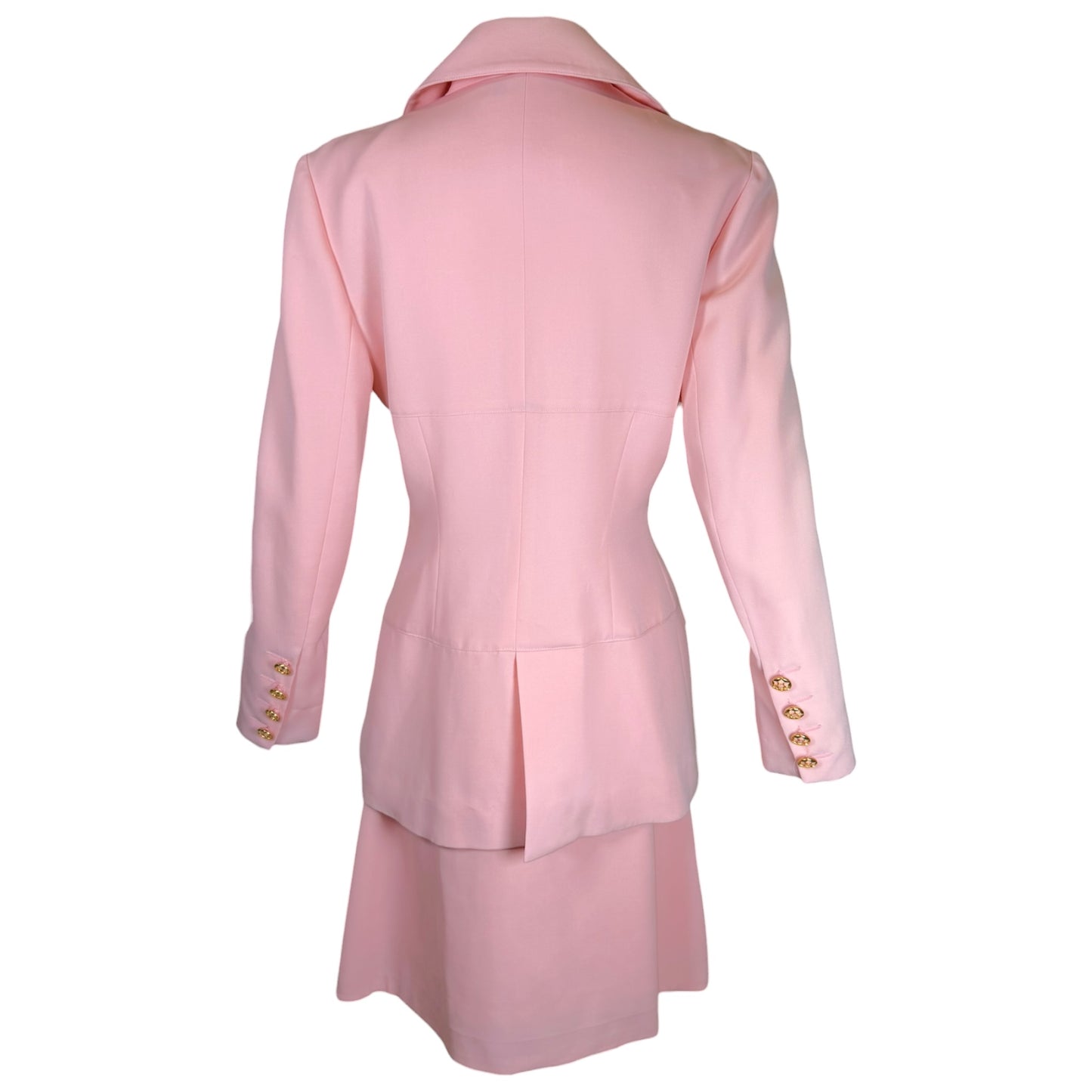 Vintage 1980s Karl Lagerfeld Blush Pink Skirt Suit with Gold Tone Enamel Medallion Buttons - Size 36