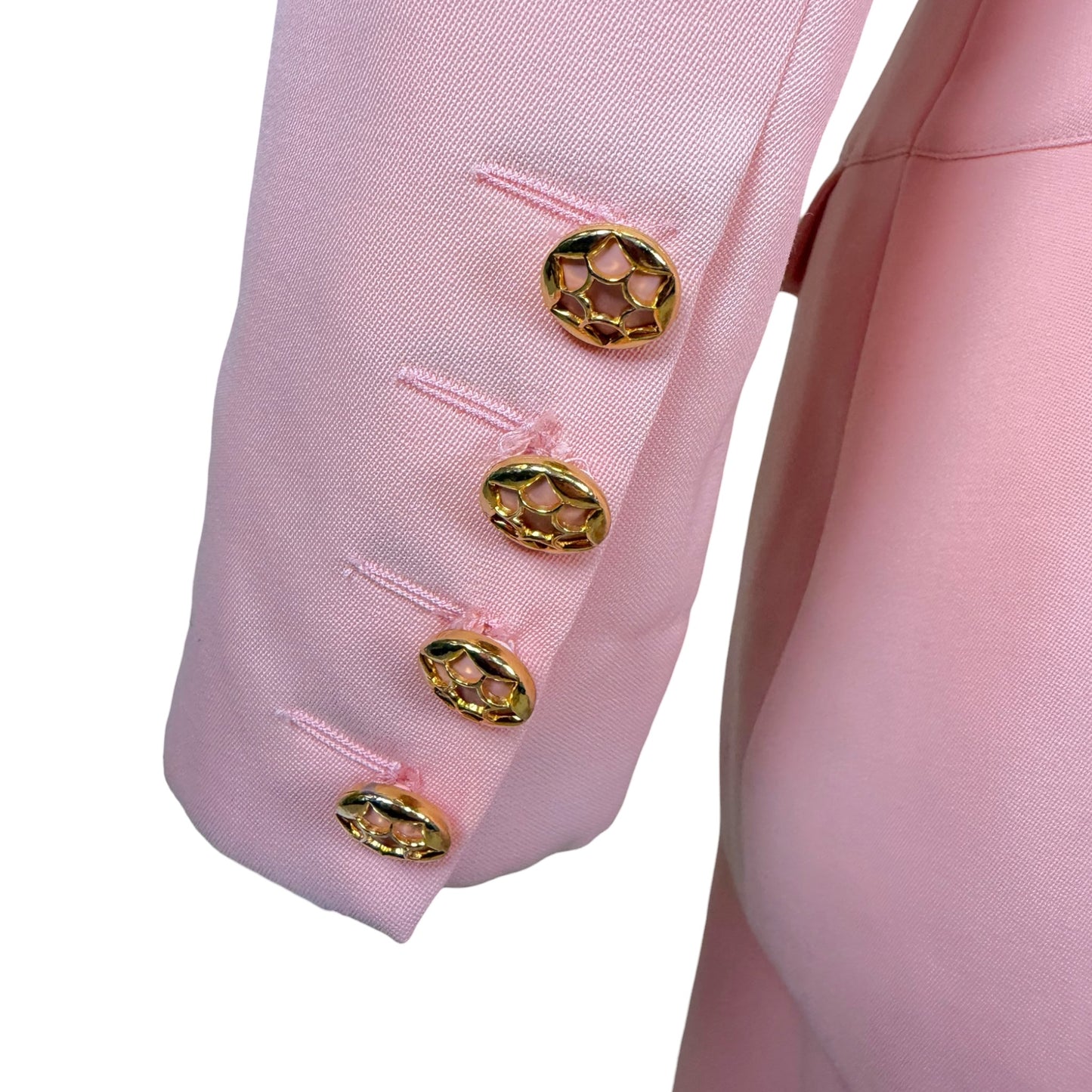 Vintage 1980s Karl Lagerfeld Blush Pink Skirt Suit with Gold Tone Enamel Medallion Buttons - Size 36