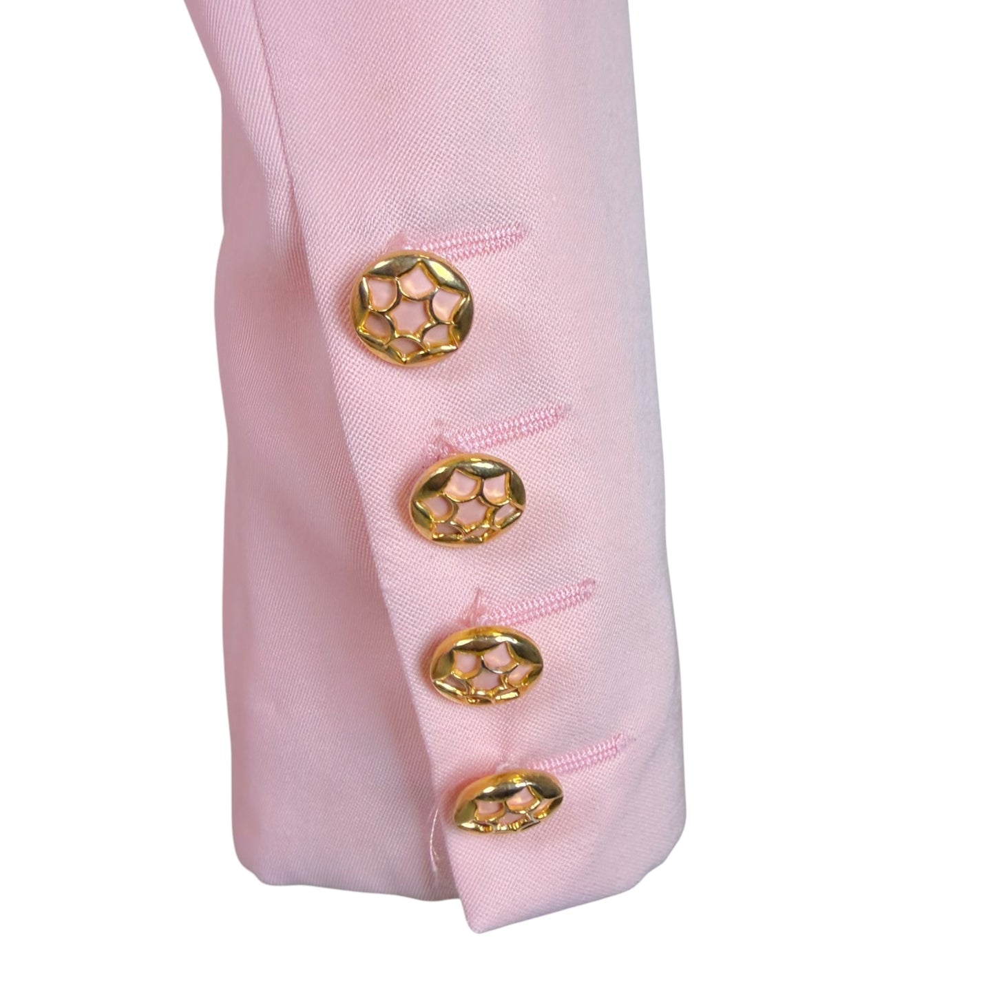 Vintage 1980s Karl Lagerfeld Blush Pink Skirt Suit with Gold Tone Enamel Medallion Buttons - Size 36