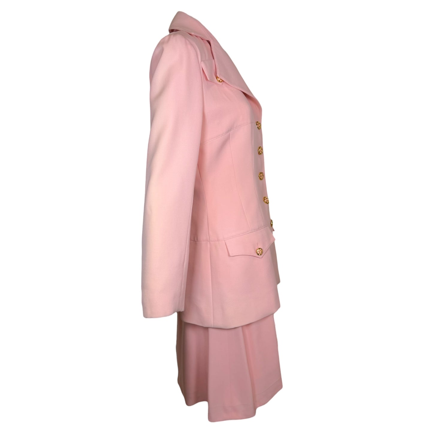 Vintage 1980s Karl Lagerfeld Blush Pink Skirt Suit with Gold Tone Enamel Medallion Buttons - Size 36