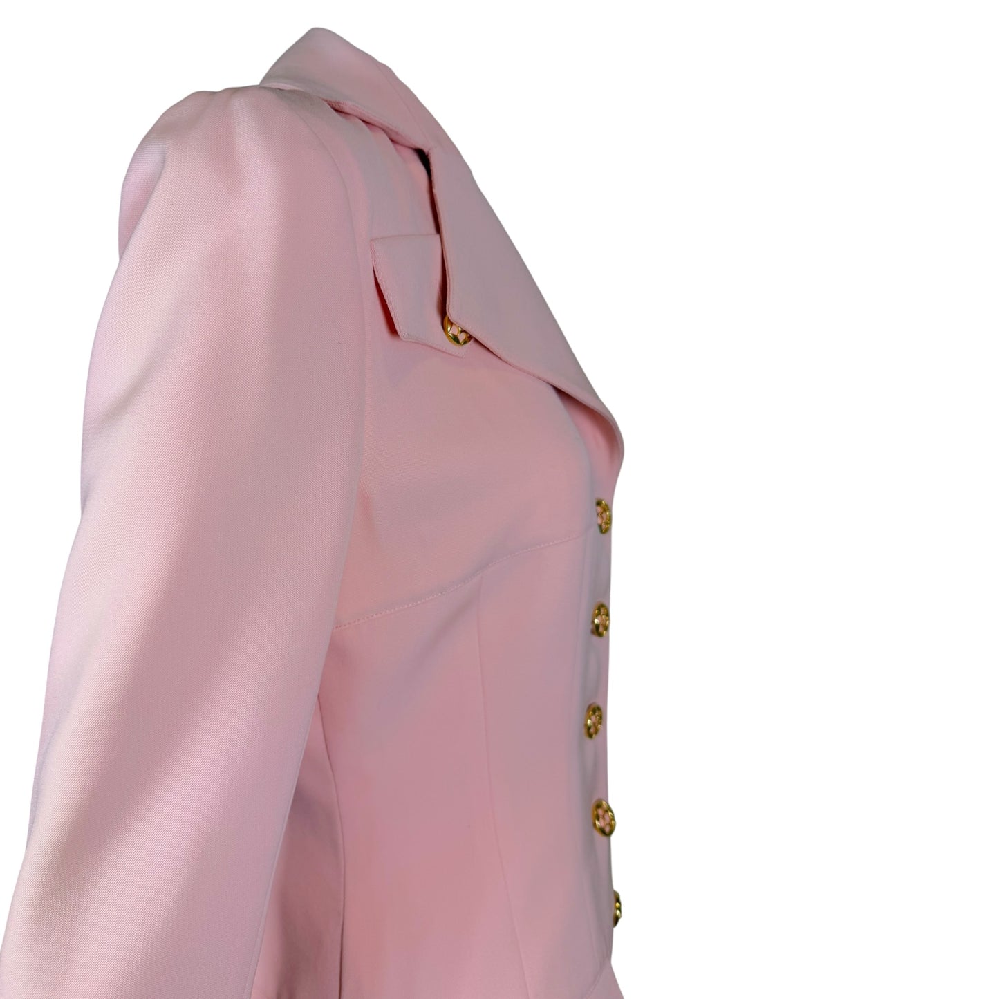 Vintage 1980s Karl Lagerfeld Blush Pink Skirt Suit with Gold Tone Enamel Medallion Buttons - Size 36