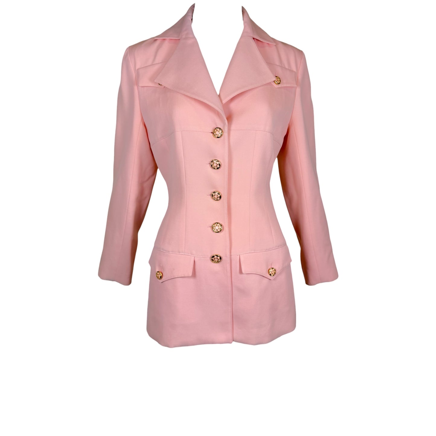 Vintage 1980s Karl Lagerfeld Blush Pink Skirt Suit with Gold Tone Enamel Medallion Buttons - Size 36