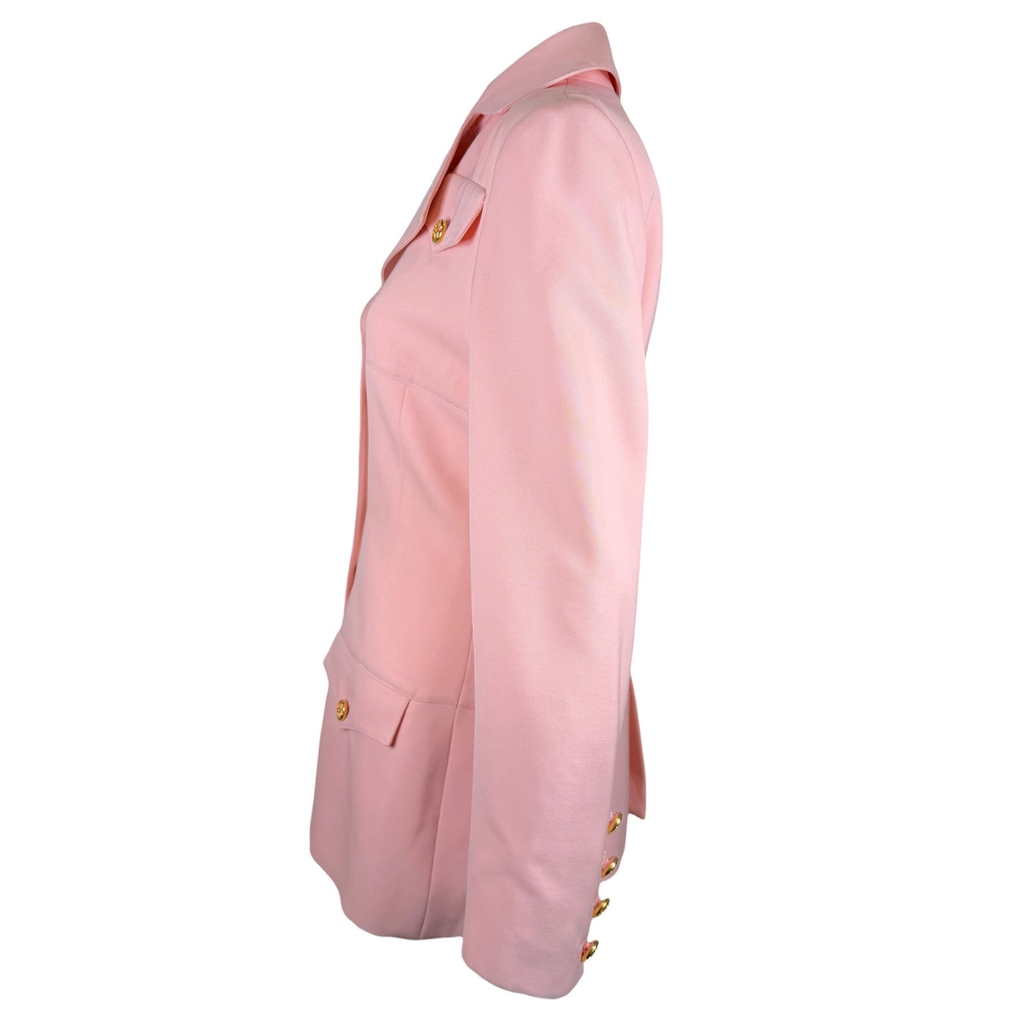 Vintage 1980s Karl Lagerfeld Blush Pink Skirt Suit with Gold Tone Enamel Medallion Buttons - Size 36