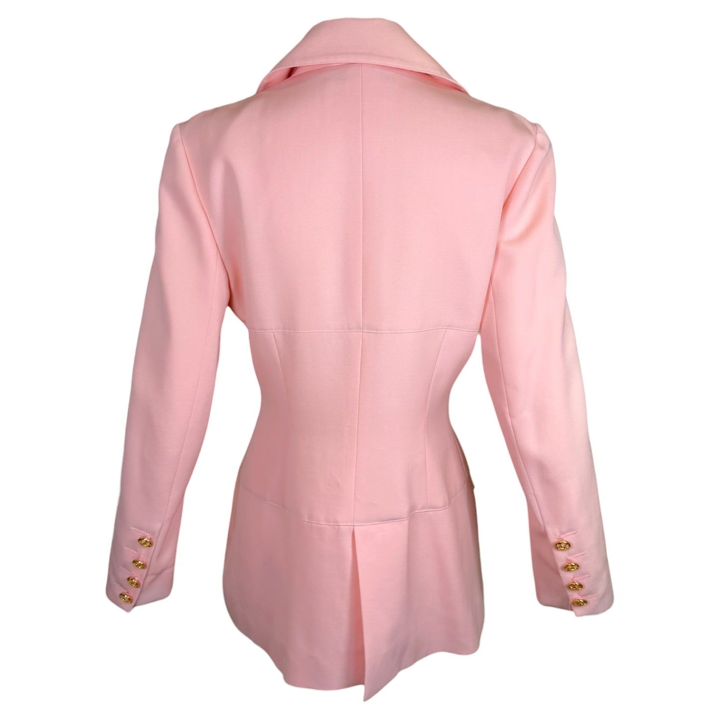 Vintage 1980s Karl Lagerfeld Blush Pink Skirt Suit with Gold Tone Enamel Medallion Buttons - Size 36