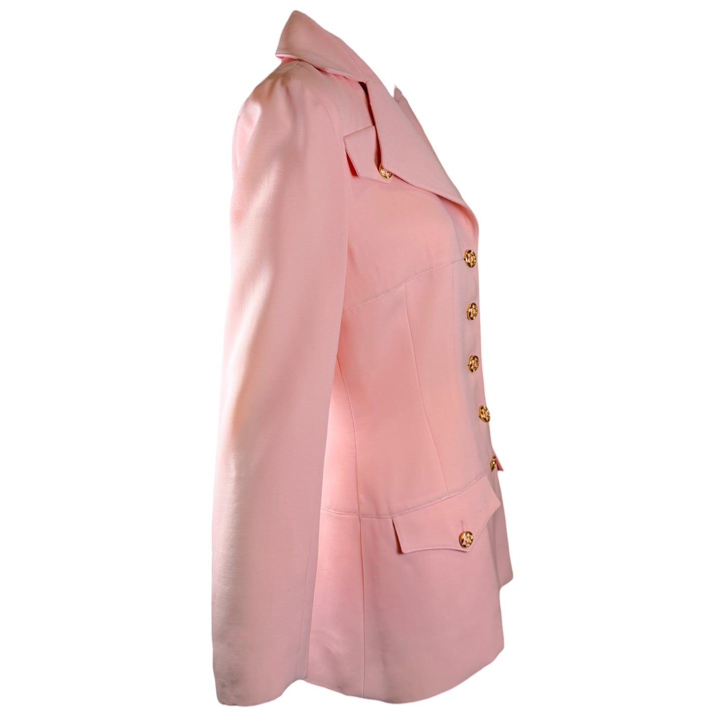 Vintage 1980s Karl Lagerfeld Blush Pink Skirt Suit with Gold Tone Enamel Medallion Buttons - Size 36