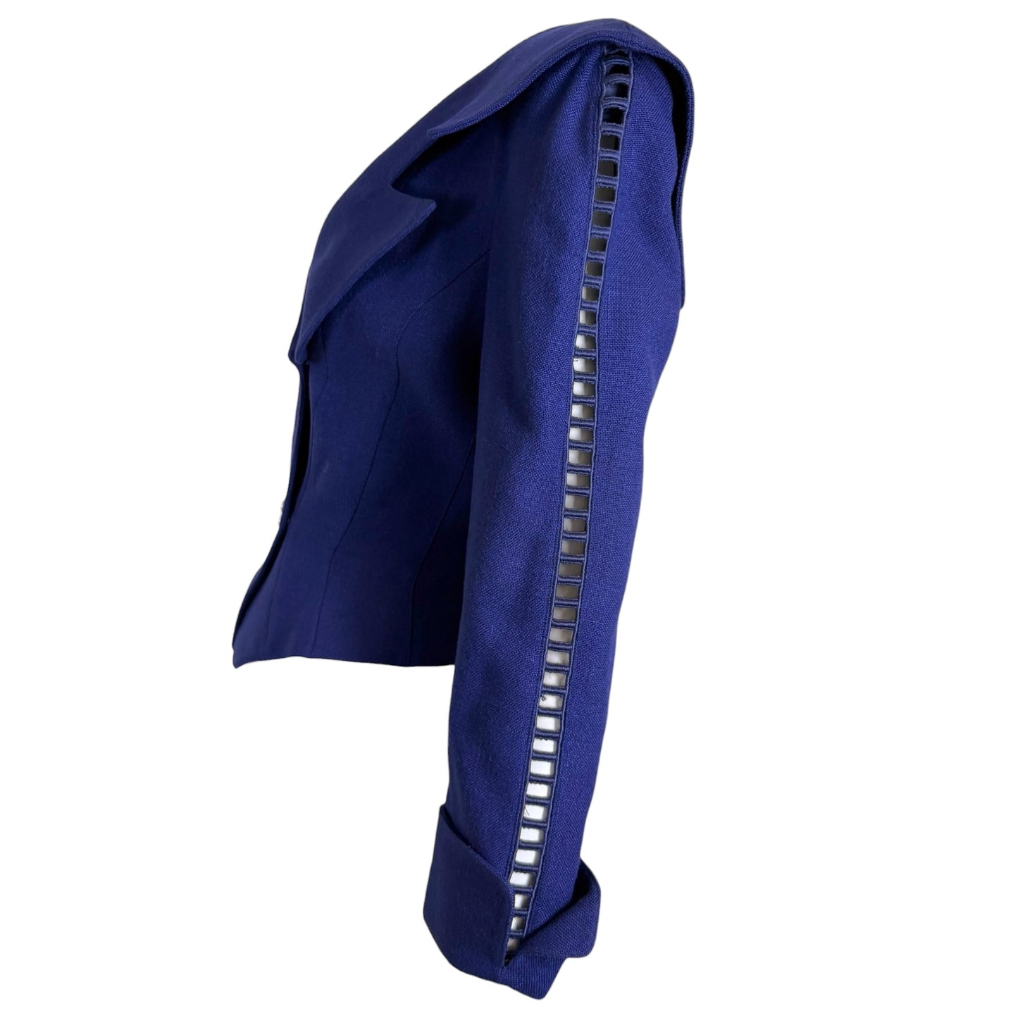 Vintage Thierry Mugler Paris Royal Blue Cutout Sleeve Asymmetrical Blazer Jacket | Size 40