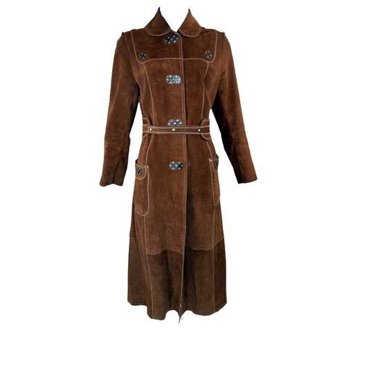 Vintage 1970s Brown Spanish Suede Patchwork Belted Contrast Trim Trench Coat Size 12
