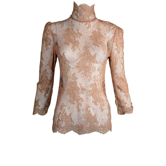 Dolce & Gabbana Vintage Y2K Blush Sheer Floral Lace High-Neck Top | Size 44
