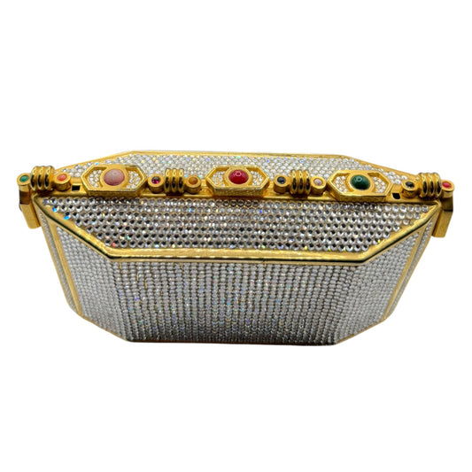 Vintage Judith Leiber Swarovski Crystal Minaudière Evening Bag Gold-Tone Gemstone Frame c. 1980s-1990s
